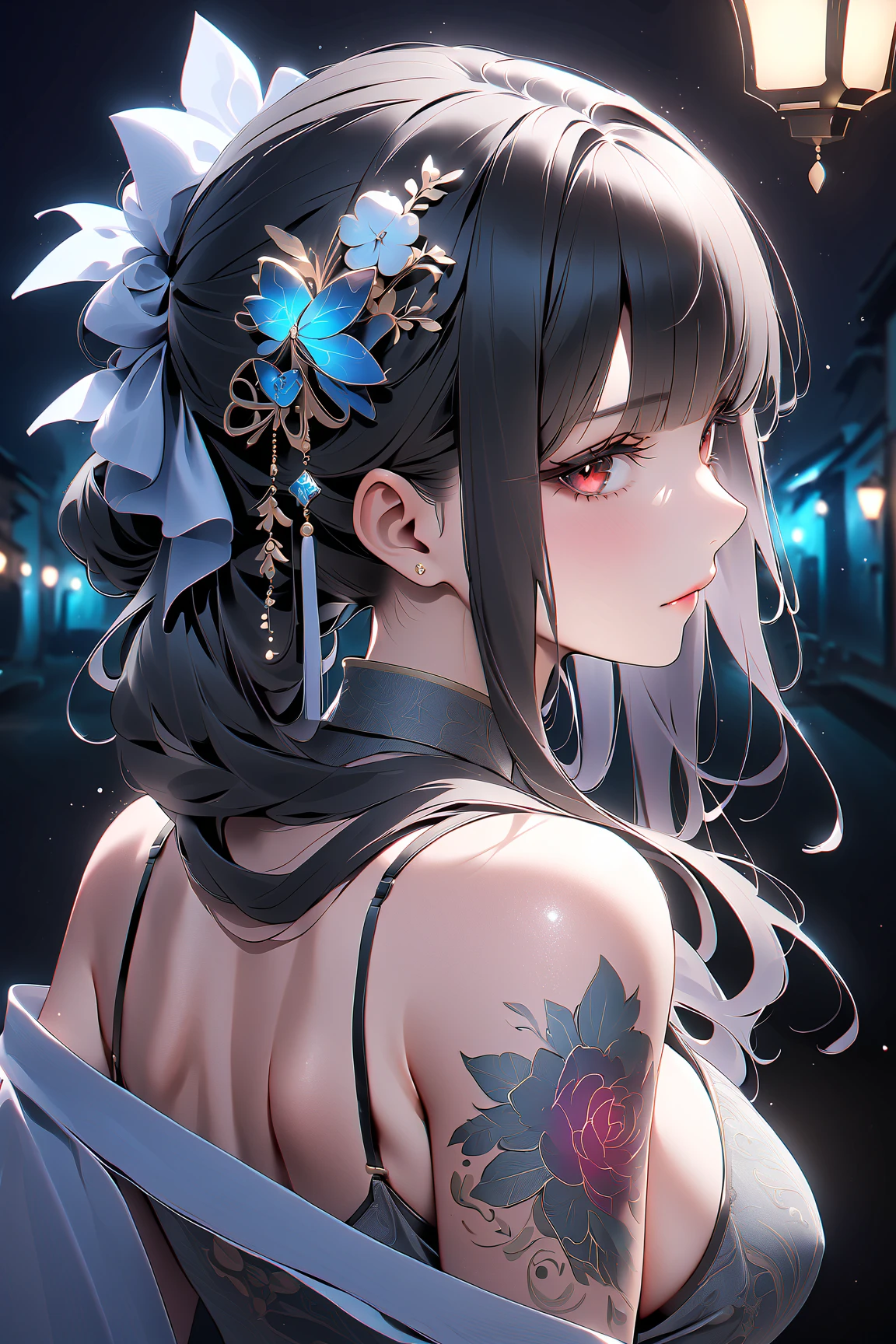 dwife, black hair, long hair, blunt bangs, hairclip, hair ornament, sidelocks, red eyes, necklace, grey dress, jacket, off shoulder, cleavage, black bra, barcode tattoo, arm tattoo, large breasts, unworn mask,mature woman standing with her back to camera:Luxuryチャイナドレスを着た少女1名,
smooth, Moisturized and firm skin, Tight and sexy outfit,
A corner of the red-light district, dark backgrounds that highlight the subject , big window, The soft light of a lantern,
break (Exquisite silk texture:Luxury:Gross: smoothness:Complaints),
break 最高品質, highest resolution, detailed and sharp image quality , 16k, Super Retina ,
Beautiful China Dresses with Delicate Patterns, adult appeal , melancholy, Feeling Weak, long hair tied at the back, 窓から見えるcolorfulな花火,
detailed and complicated, colorful, transparent full color coating , Light and Dark, high contrast due to ,
break 窓から見える豪華な花火, Midea,
upper body shot,