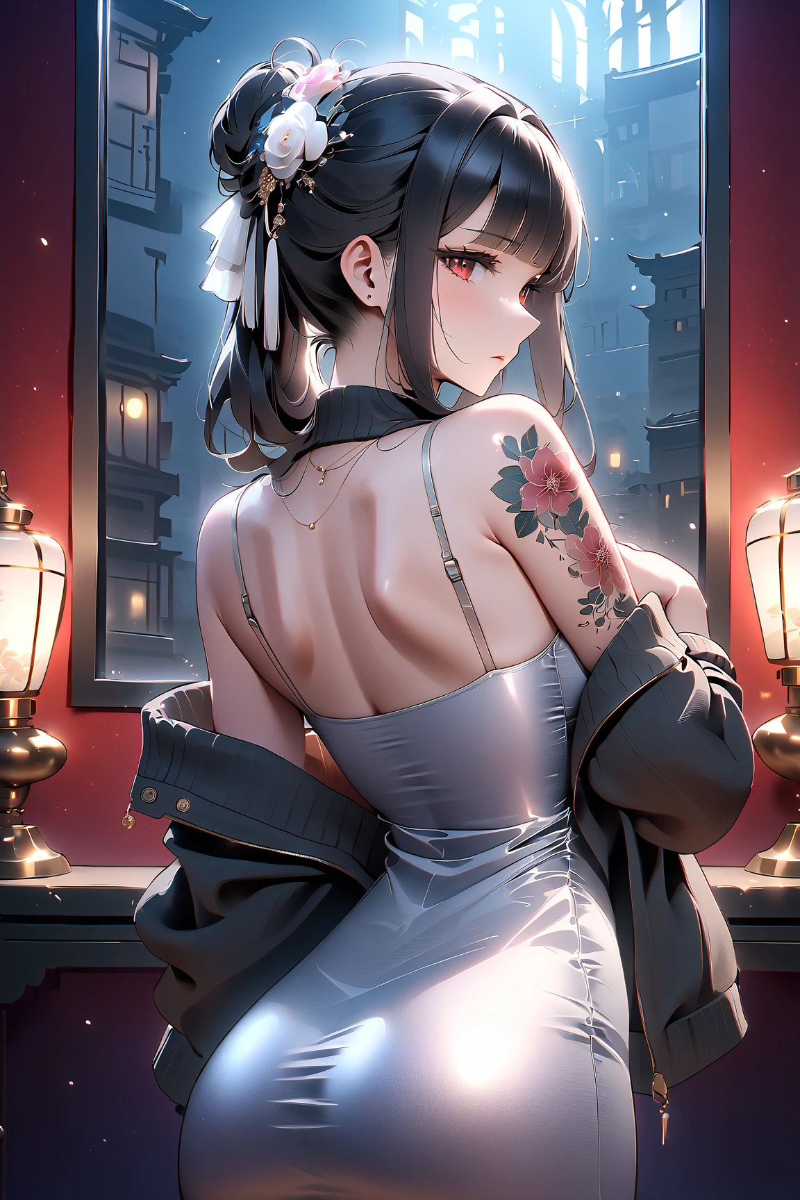 dwife, black hair, long hair, blunt bangs, hairclip, hair ornament, sidelocks, red eyes, necklace, grey dress, jacket, off shoulder, cleavage, black bra, barcode tattoo, arm tattoo, large breasts, unworn mask,mature woman standing with her back to camera:Luxuryチャイナドレスを着た少女1名,
smooth, Moisturized and firm skin, Tight and sexy outfit,
A corner of the red-light district, dark backgrounds that highlight the subject , big window, The soft light of a lantern,
break (Exquisite silk texture:Luxury:Gross: smoothness:Complaints),
break 最高品質, highest resolution, detailed and sharp image quality , 16k, Super Retina ,
Beautiful China Dresses with Delicate Patterns, adult appeal , melancholy, Feeling Weak, long hair tied at the back, 窓から見えるcolorfulな花火,
detailed and complicated, colorful, transparent full color coating , Light and Dark, high contrast due to ,
break 窓から見える豪華な花火, Midea,
upper body shot,