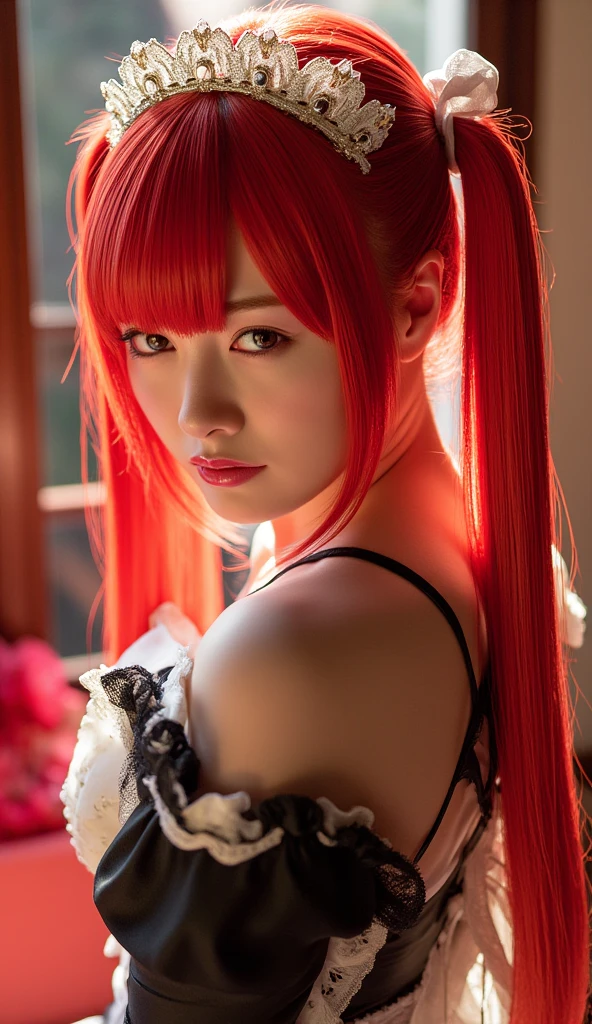 best quality ,masterpiece, open_mouth, open_eyes, illustration, an extremely delicate and beautiful, extremely detailed ,CG ,unity ,8k wallpaper, Amazing, finely detail, (depth of field:1.4), 1girl,{long braided hair}, yellow eyes, (((Bright red hair))),Serious face,realistic,photorealistic,real texture,full body,8k detail background,Glossy skin,light Particle, ray tracing, (adult face:1.2), (Kpop idol), full body, out, show Clavicle, perfect skin, porn, on bed ,<lora:makimaChainsawMan_offset:1.9> <lora:koreanDollLikeness_v15:0.3>