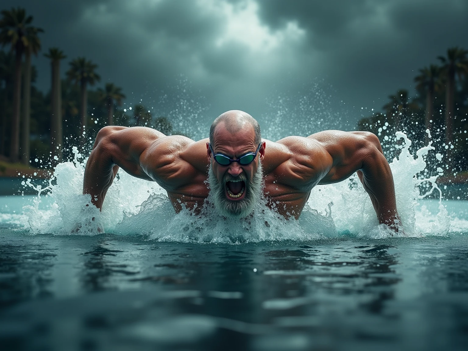 masterpiece, best quality, high resolution, portrait, fat male focus, solo focus, burly, hairy, male, a man, in a sea, with half his body submerged in the water, behind a starry sky with a moon in the center, amazing composition, front view, HDR, volumetric lighting, ultra quality, elegant, highly detailed