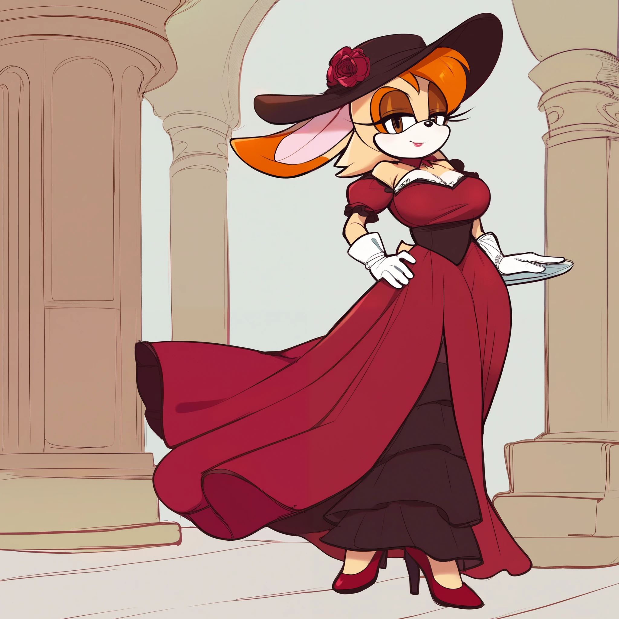 score_9, score_8_up, score_7_up, score_6_up, score_5_up, score_4_up, (Source sonic), (rating safe), vanilla the rabbit, 1girl, solo, , brown eyes, looking at viewer, standing, ((fancy restaurant background)), wide , rabbit girl, short hair, body fur, (white stole fur wrap over shoulders), half closed eyelids, petticoat skirt, dark red panniers, long opera gloves, (steampunk dress), (elegant red dress), fancy dress, elegant red sun hat, (sun hat with dark red facial scarf wrap), standing, full body, short sleeves, shoes, puffy sleeves, white gloves, dark red high heels, puffy short sleeves, eyelashes, (makeup), furry, long skirt, rabbit ears, animal nose, brown eyes, animal ears, furry female, orange hair, elegant personality, rich woman, elegant lady,  expression
