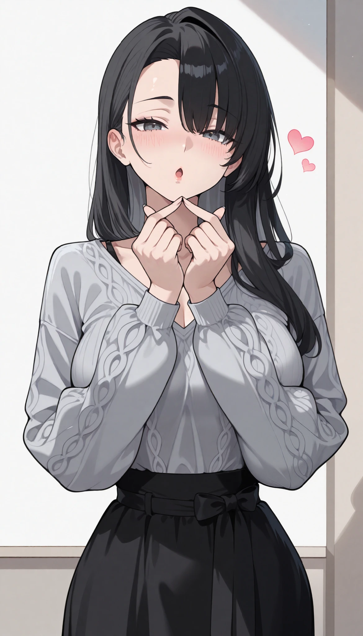 (top quality), ( more), ( best picture ), (걸작), detail line art, anime style, vivid color, A beautiful, mature Japanese woman with a slender body,  sharp jawline ,  perfect body ratio, Very small head, very small face, perfect anatomy, anatomically accurate, ideal proportions, I'm in perfect shape, perfect style, Perfect balance, delicate facial features, beautiful detailed woman,  VERY DETAILED eyes and face , pinkish, shiny skin,  light black eyes , realistic beautiful face, realistic beautiful eyes, big chest, slender, (black hair, asymmetrical bangs, long hair), (gray color Golji knit zip-up, black color H-line long skirt), (standing in a beauty salon.), indoor. The viewpoint is the viewer. lips. has a shy expression, open mouth, face full blush, hands on own chin. Finger Heart, upper body.