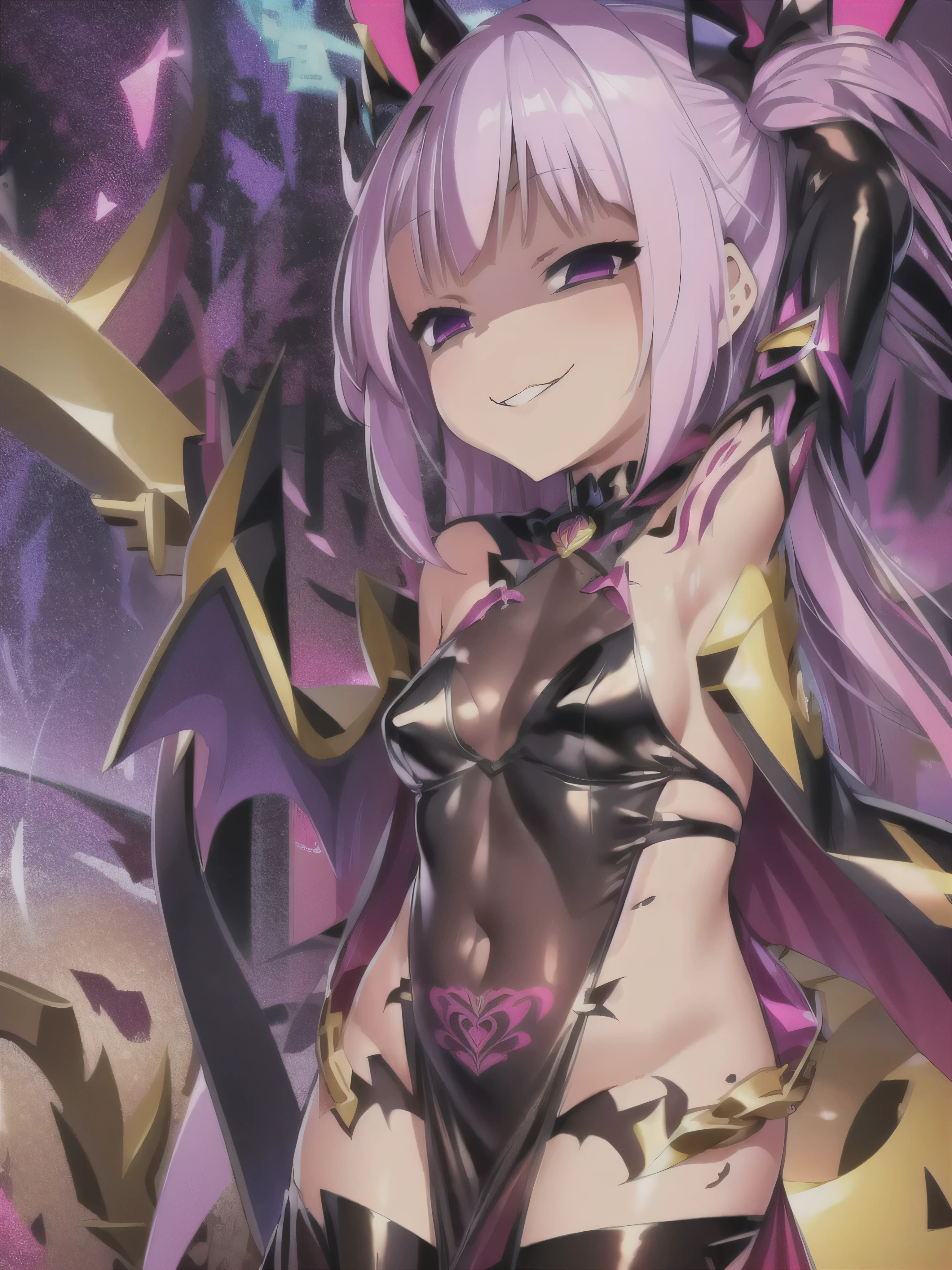 masterpiece, best quality, highly detailed, 1girl, solo, corruption, evil smile, pubic tattoo, magical girl uniform, holding staff, pink hair, black clothes, destoryed city background,
