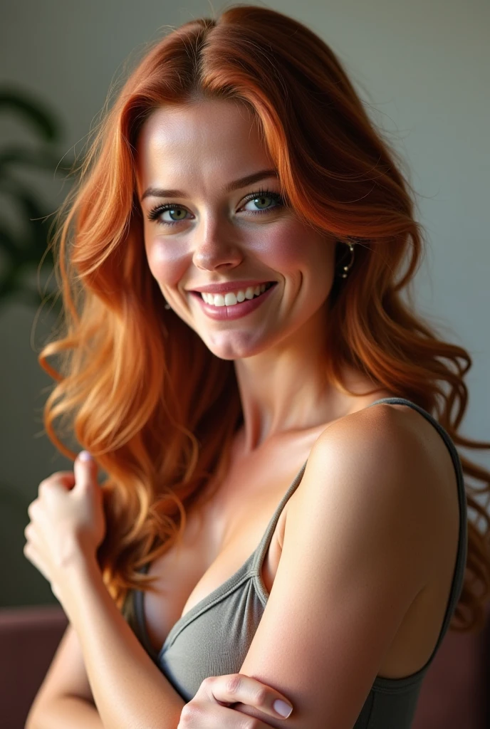 (Full body photograph naked of a slim, young and super cute Irish redhead with very small waist with dark theme), (short hair tied up), (thin nose, realistic freckles), full lips, ((lustful and seductive smile, wide and sensual look, perfect teeth)), erotic pose. (naked big pointy natural breasts), ((hard nipples with realistic details, real skin, real nipples, perfect nipples, big nipples, epic details on the nipple areola)), ((slim body, wide hips)), eyes green, highly detailed eyes, (eye detail: 1), (realistic skin, epic realism, RAW photography, realistic skin, epic realism, HDR: 1.5, epic skin detail, porous skin, goosebumps, with German features. ) ((Photorealistic): 1.1), dark background, Canon 5D, 8mm film grain, realistic shading, ((perfect pussy shape, red pubic hair)), (skin: 1.5),