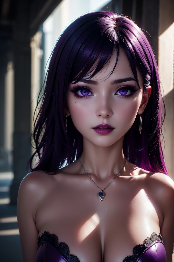 Photograph, Professional full-body, (detailed face and eye:1.4), purple eyes, (deep cleavages:1.3), colorful, color photography of woman, (dark makeup), necklace, earrings, (dark lipstick), partered lips, sharp focus, focus on face, insanely sharp details, extremely detailed, (gigantic breasts in frame:1.1), 4K HQ, 8K, depth of field, f/1.2, leica, 8K HDR, High contrast, highly retouch, shadows, bokeh, award winning photography, best photographers.