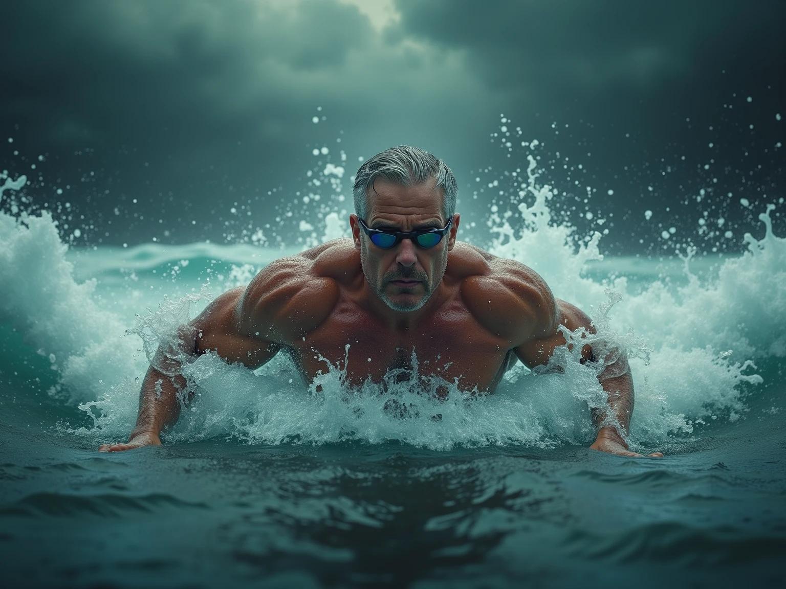 create a super realistic image of a 38 year old man, con apariencia varonil y usando lentes oscuros. The man is on the beach during a tsunami, with a gigantic wave rapidly approaching in the background. Su rostro refleja una mezcla de sorpresa y miedo, con detalles precisos en la textura de la piel. El encuadre debe ser un plano medio, capturing the upper body and the dramatic scenery of the raging ocean behind him.