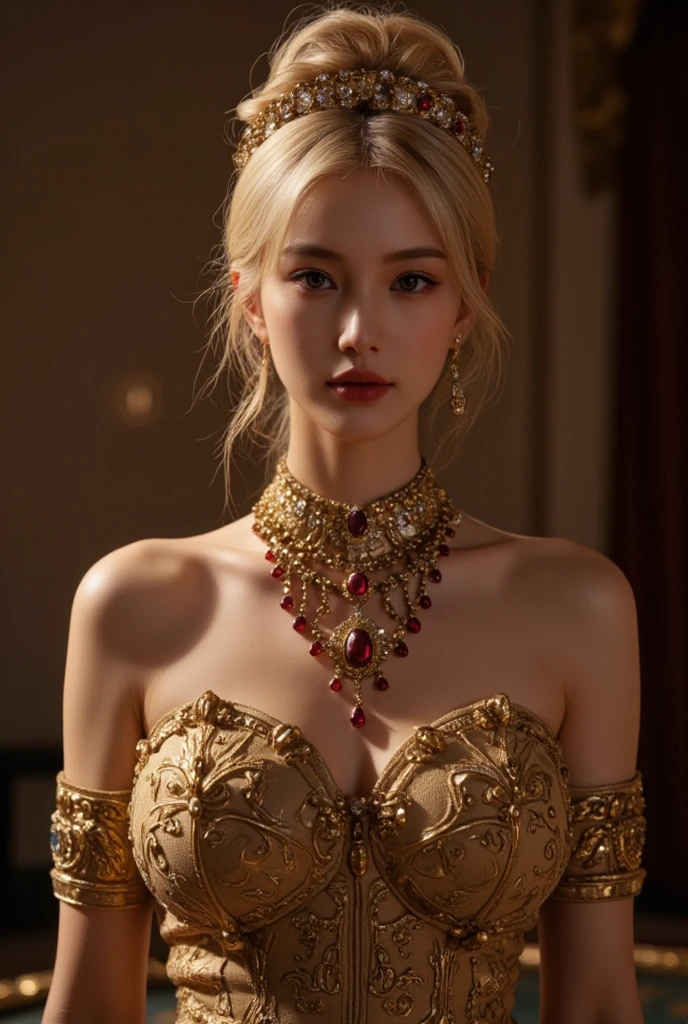 8k, Ultra-high resolution, highest quality, masterpiece, Surreal, photograph, 1 girl, (16 years old:1.3), pretty girl, Cute Face, Beautiful eyes in every detail, 細かくdetailedに,masterpiece,A woman in a red dress and gold jewelry is looking to the side,Sexy pose、See through 、Looking at the audience、beauty,Long neck、Laugh a little、Please close your mouth and laugh、(((Ideal body type))),A cup small breasts :2,、Portraiture:2、Perfect Anatomy、鮮明なdetailed、detailed、Surreal、Light and shadow,Strong light,Fashion magazine cover,Thin lips