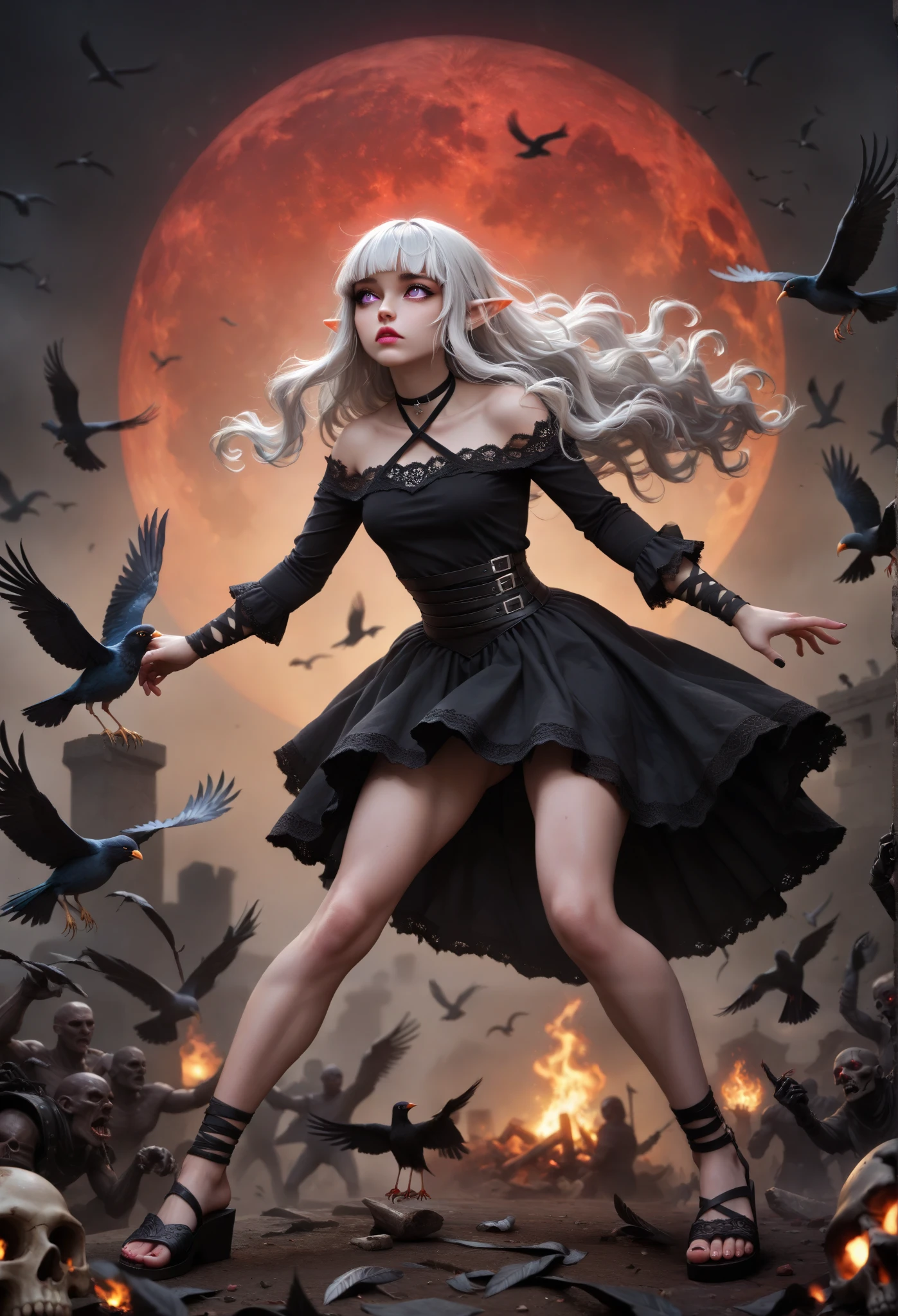 (Ultra-detailed face, Looking away, Gothic Illustration, Dark tone colors. She has five fingers on her hands and five toes on her feet.), BREAK ((Numerous fluff and bird feathers explode:1.4), scatter, and drift across the screen around the woman's fingertips. The scene depicts a woman looking straight up into the sky from the ground at her feet. The night sky is gray and black with a red moon rising. It is covered in red dust and black gas. Countless mummy monsters surround and attack the wizard.), BREAK (A female dark elf, a wild mage, turns her back and in a loud voice ("Fireball!" in rough typeface on the screen ), clutching a crystal skull over her back and swinging it at the attacking mummy horde. Legs spread wide back and forth, bodies twist and stomp.), BREAK (The dark elf woman has white hair, white eyebrows, blunt bangs, very long wavy hair, small pink lips, lavender eyes, clear white skin, and thick eyeliner.), (She wears a tight lace-up dress with a black choker with flame designs and jet-black lace fabric with crimson flame trim. She wears sandals with thin black laces woven into them.)