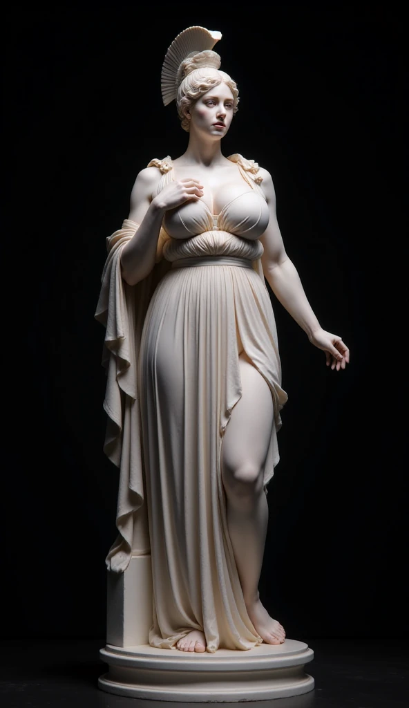 White marble Statue (best quality,4k,8k,highres,masterpiece:1.2),ultra-detailed,(realistic,photorealistic,photo-realistic:1.37),detailed ancient greek white marble statue, full body,beautiful female, dressed in peplos, traditional dress,dramatic lighting,chiaroscuro,classical greek architecture,detailed facial features,intricate drapery,ornate pedestal,dramatic shadows,warm color tones