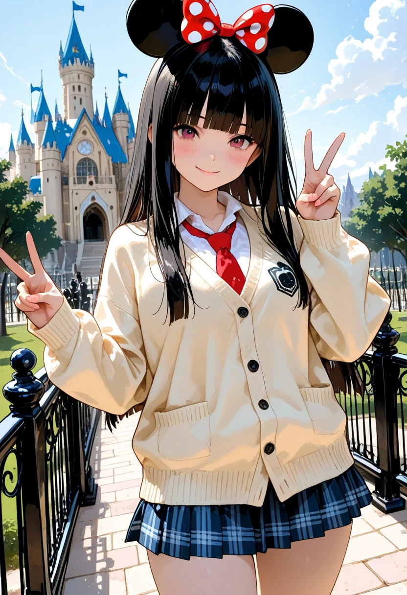 (cute high school girl), solo, school uniform, mini skirt, long hair, hime cut, black hair, detailed beautiful face, necktie, cardigan, blush, smile, (Mickey Mouse Ears), (making a peace sign with one hand), at Disneyland, cinderella castle, 
cowboy shot, looking at viewer, thin lines, dreamlike, 
masterpiece, top quality, ultra detailed, newest,