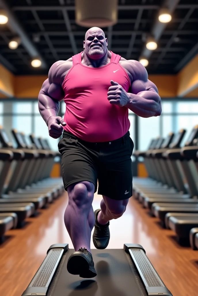 full view, full body, one Sexy young artificially tanned white bald over-musuclar man, shirtless wearing neon-green compression leggings and white futuristic running socks, shoes off, no shoes, gold chains, bracelets, rings, arrogantly running in his white futuristic socks on treadmill in gym, showing off his white socks