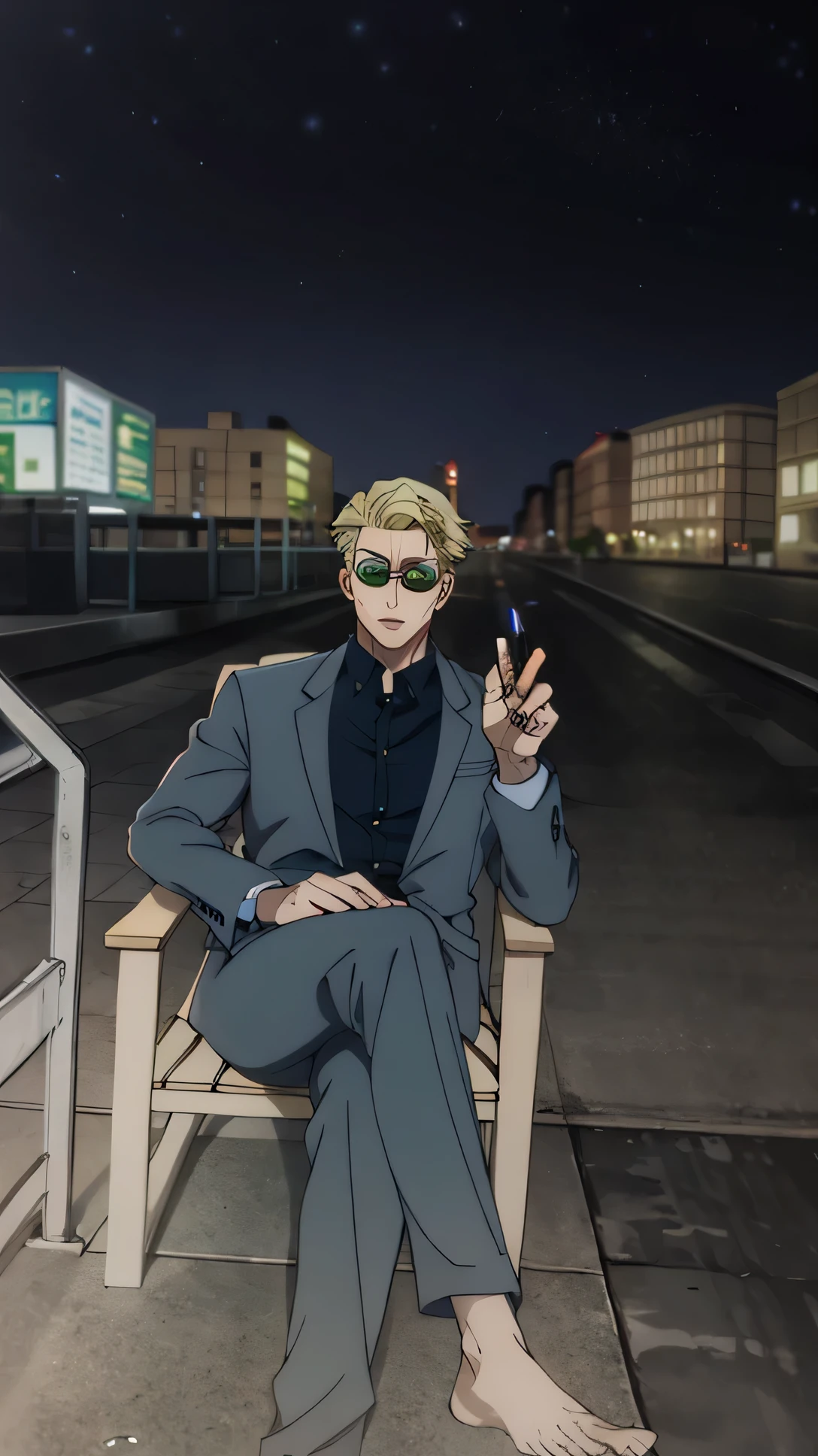 there is a man sitting on a chair holding a cigarette, sitting on the beach at night, very very low quality picture, sitting at the beach, low quality photo, sitting on the beach, in the beach, at the beach, low quality footage, low quality photograph, young spanish man, taking a smoke break, album photo, low quality video((KentoNanami)),masterpiece,highres,high quality,extremely detailed,goggles,tinted eyewear,serious,formal,