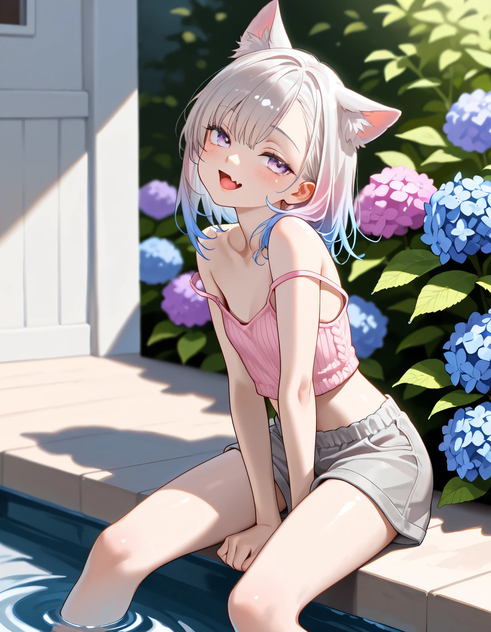 ((Masterpiece)), ((best quality)), (8K), ((from side)), (detailed background:1.2), (ultra-detailed:1.2), (High resolution:1.3), (Professional Photography:1.2), (very aesthetic:1.2), (absurdres:1.2), (sharp focus), ((1girl)), Cute age Girl, (Textured skin), (Realistic skin), (pale purple eyes, gradient eyes, upturned eyes), (platinum-gold hair), (Asymmetrical bangs), gradient hair, blue color Hair Tip, (medium hair), small breast, (Healthy Gaunt body), (open mouth wide, skin fang), seductive smile, blush, (cute cheeks), glossy lips, pouty lips, (lower eyelashes), (tilt head), put on cat ears, Beautiful collarbones, BREAK, ((Knit fabric loose croptop, pale pink tanktop, strap slip)), (slightly exposed small chest), Ethnic gray shorts, ((soaking_feet)), ((loose sitting on the step, legs apart, outside colorful Hydrangeas waterside)), rainyday, Beautiful Mountains Background,