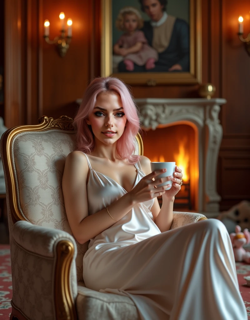 very attractive 25 year old girl with long bright pink hair, wearing a silk bathrobe, drinking coffee, sitting on a sofa in the living room. Photo quality 
