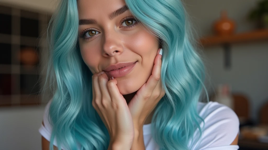 Imagine Isabella taking a cute selfie in a coffee shop, her light blue hair short and wavy, her tanned skin reflecting Brazilian culture. She sports a look that reflects relaxed trends and rich Brazilian culture, with vibrant colors and charming details. Capture Isabella's vibrant spirit and unique style in this colorful, hyperrealistic moment