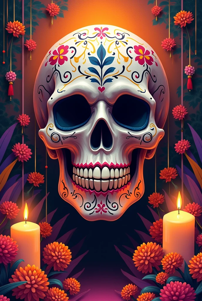 stunning still-life photo render of a Mexican Skull Calavera, surrounded by poetic ornamental elements such as fruits, flowers, garlands of lights and native plants, studio lighting, 8k