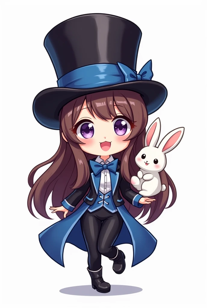 (Chef-d'œuvre ,  style Chibi , meilleure qualité:1.2) femme chibi seule faisant face à l'objectif, typée européenne , Élancée et athlétique , très long cheveux bruns tressés , yeux couleur violets , peau pâle , expression jovial , visage rond sans fossette , vêtue d'une tenue de magicien de cirque noir et bleu sans chapeau ; le personnage est debout et sort un lapin blanc d'un chapeau haut de forme noir et bleu , fond d'image blanc ; Il captive le public , prise de vue globale ,  Poursuite de l'esthétique incroyable qui vous submergera, chibi , design de personnage complexes , accentuations sur le personnage 