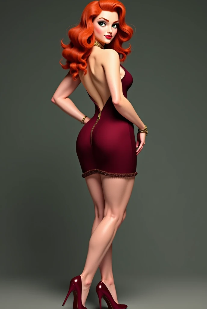 a woman in a short black dress and high heels posing for a picture, stunning appealing figure, long shot from back, photo from behind, sexy girl wearing shorts, short minidress, long shot from the back, tight attire, beautiful full body shot, good hips and long legs, back - shot, thighs!!!!! gorgeous, on the sand, red hair and a perfect body