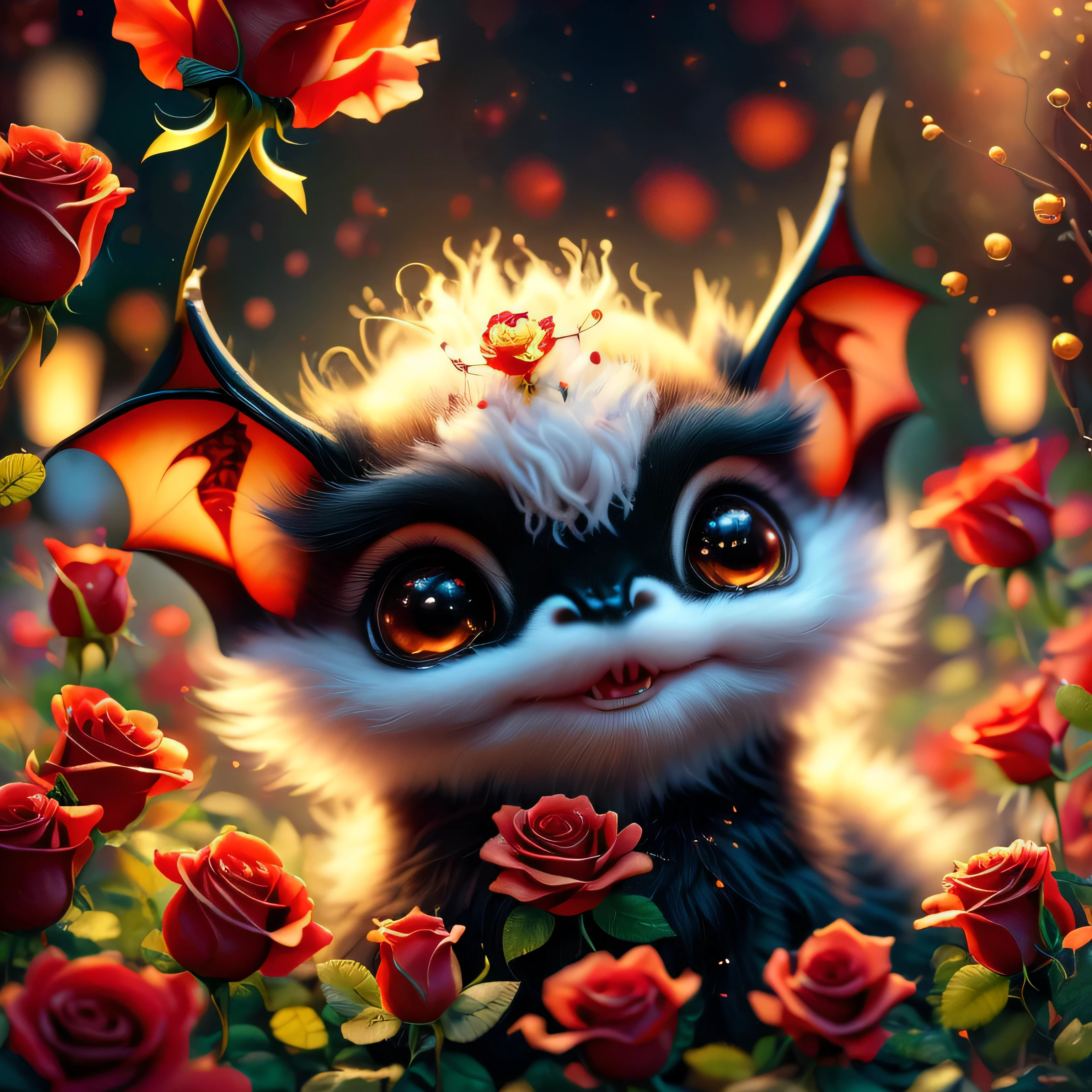 whimsical airbrush and oil painting, best angle of a Very cute mythical graceful transparent anthropomorphic bat spirit holds red rose, thin arms, fragile thread legs, red rose flower spirit, intricate black bat wings with red roses. Soft focused gothic castle in the bg. Mystical field where red roses grows in a professional photograph by Awwchang :: Luis Royo :: WLOP :: Artgerm Lau :: Anne Stokes :: natural deep colors