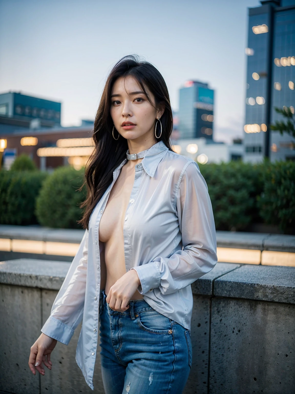 (1girls:1.5), Korean, (wearing wet button shirt:1.4), (posing in the heavy rain on the rooftop of high building, soaking wet:1.5, foggy and scary, beautiful detailed eyes, beautiful skinice soft face, flowing wet red hair, seductive smiles, happiness looks, sexy postures, skinny body, wet body, a bit muscular abs, large breast, droopyboobs, rainny day, skyline view background, close up, low angle view, (seen from below), grey ambient, foggy and rain atmosphere, vibrant colors, natural beauty, youthful energy, photon mapping,