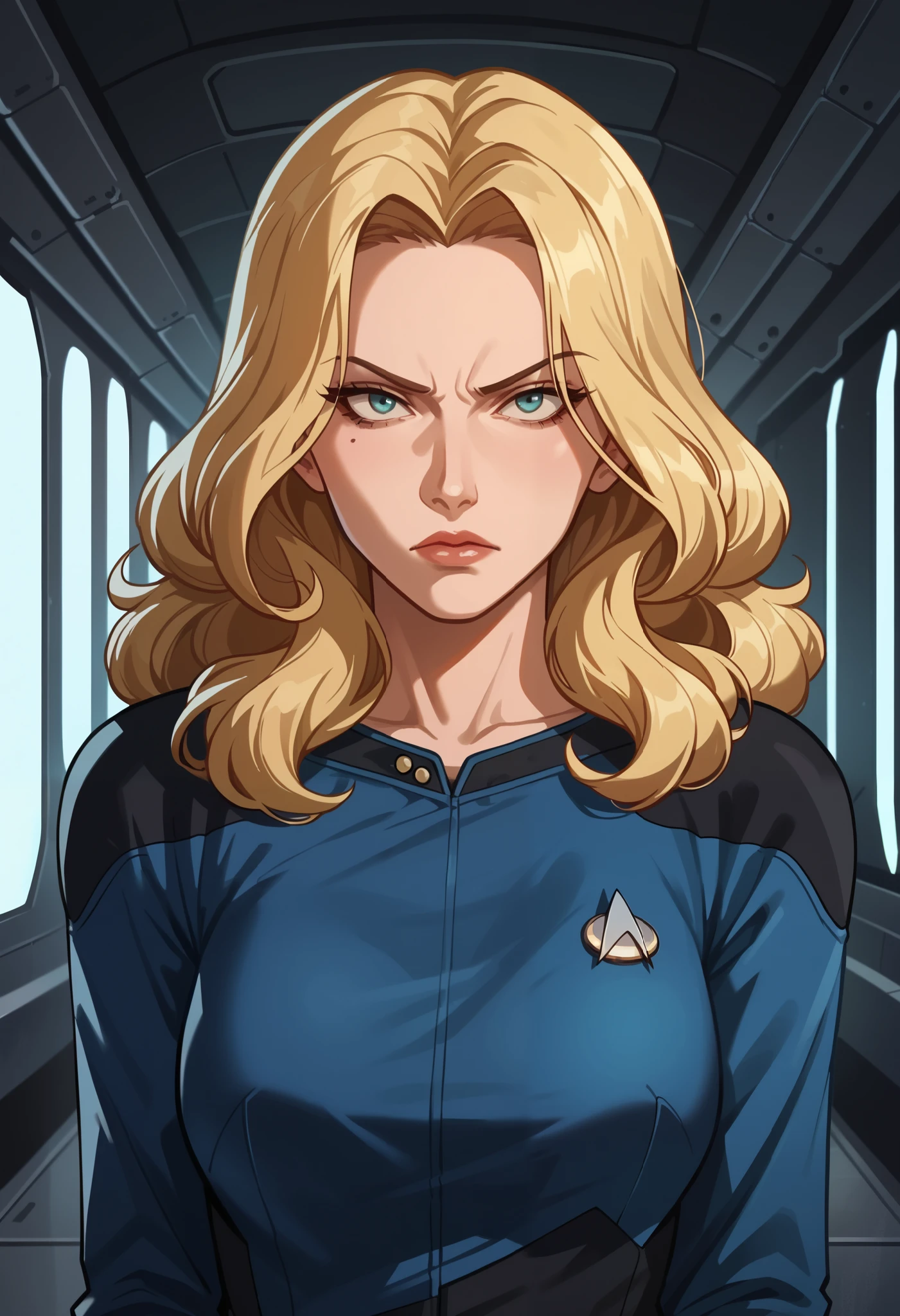 score_9, score_8_up, score_7_up, score_6_up,anime screencap, rating safe, 1girl,blonde hair,curly hair,mature,serious,solo, upper body,corridor,scifi,metal,spaceship,starship,futuristic,machinery,levers,screens,
sttng1,star trek blue uniform,black shoulders,black pants,collarbone
,