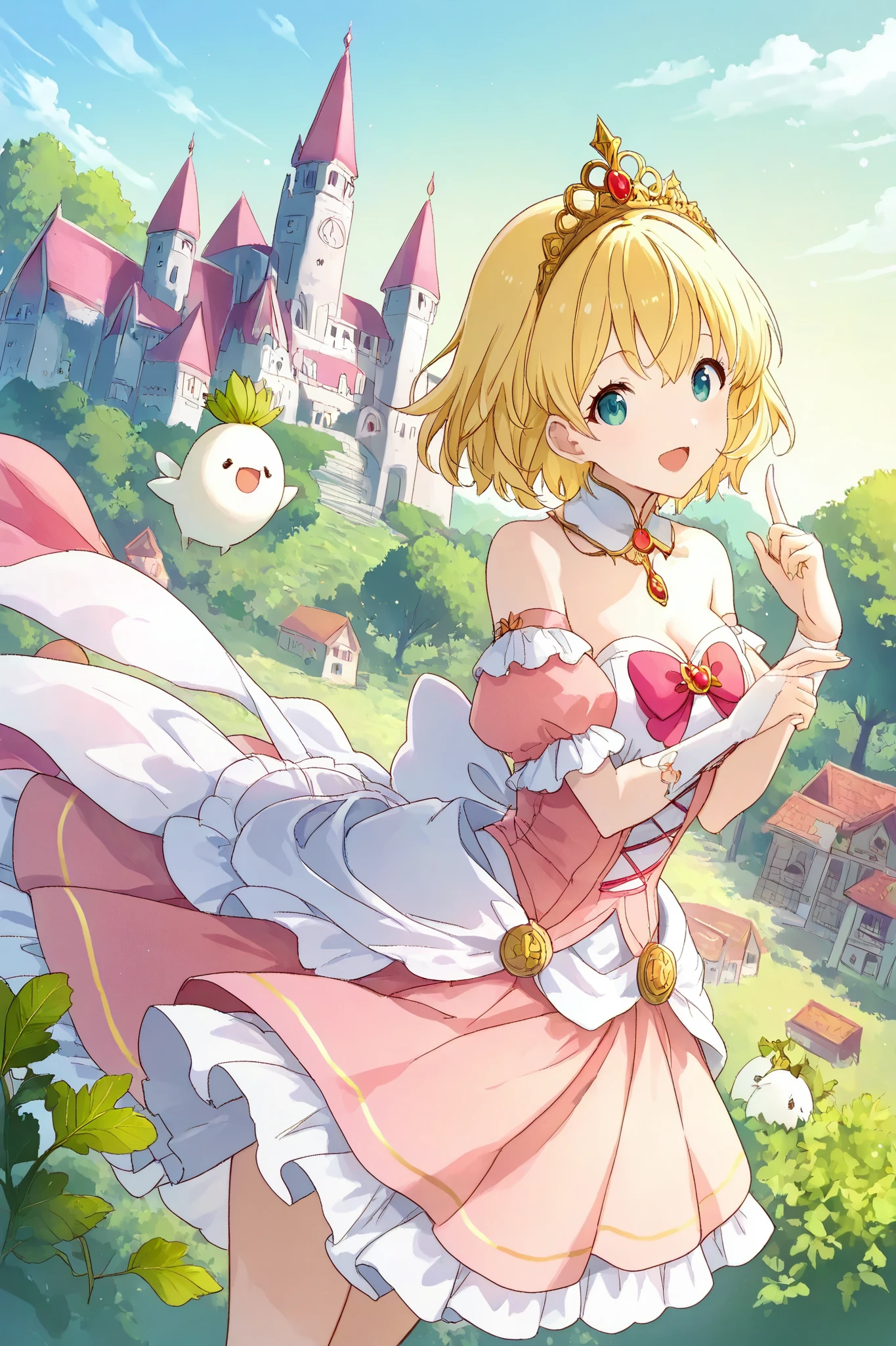 masterpiece、highest quality、I am a Princes daikon\(canarry yellow short hair,sakura pink dress,tiara with green leaves\),many little daikon\(little Japanese white radish character with green leaves\),focus on the princes daikon and cute kawaii village, castle made of Japanese rice,