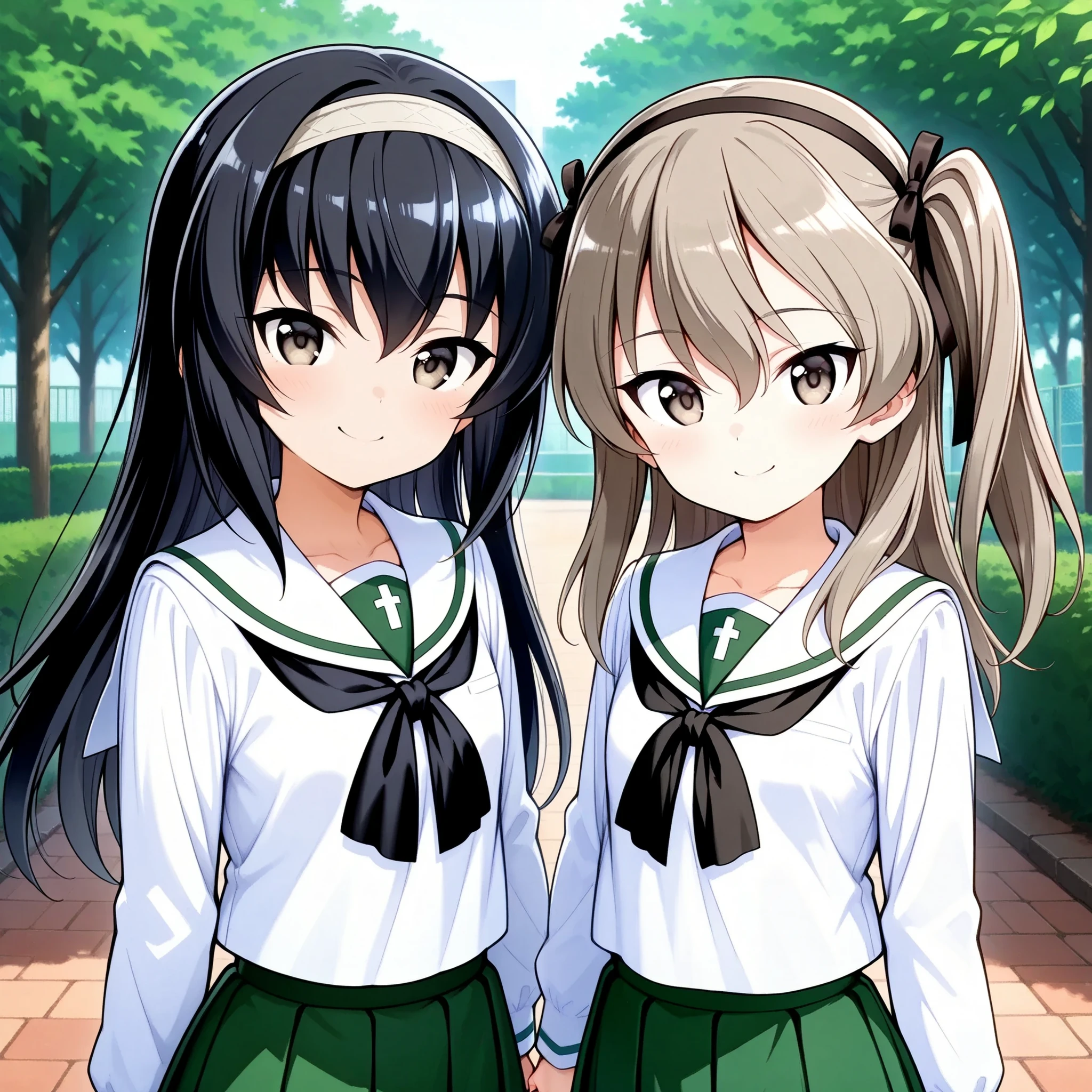 High Resolution, best quality, high image quality ,  two girls、smile、(Reizei Mako、  gray hair band,  black hair、 brown eyes, long hair）、uniform up、 (  Oarai Girls' High School uniform :1.3),white sailor color,  black neckerchief holding hands , white shirt,  Long Sleeve , green skirt 、 Outdoors,(Tiny Shimada Arisu,smile,(brown eyes), long hair, light brown hair)、二人の可愛いsmile