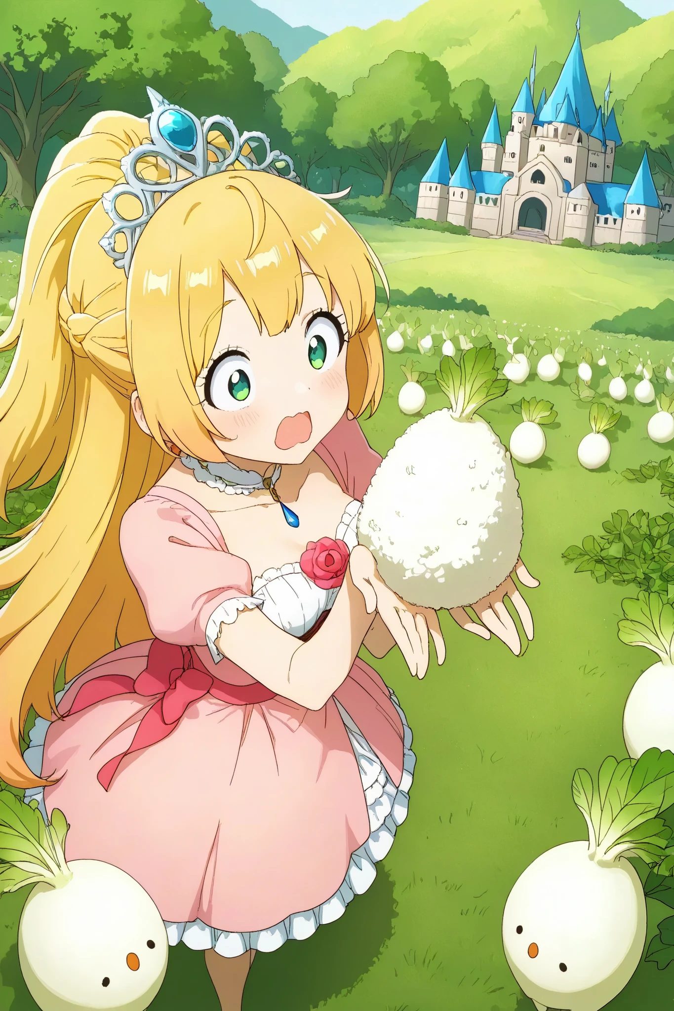 masterpiece、highest quality、I am a Princes daikon\(very surprised expression,sakura pink dress,tiara with green leaves\),many little daikon\(litle Japanese white radish charactder with green leaves\),focus on the princes daikoncute kawaii village, castle made of Japanese rice,