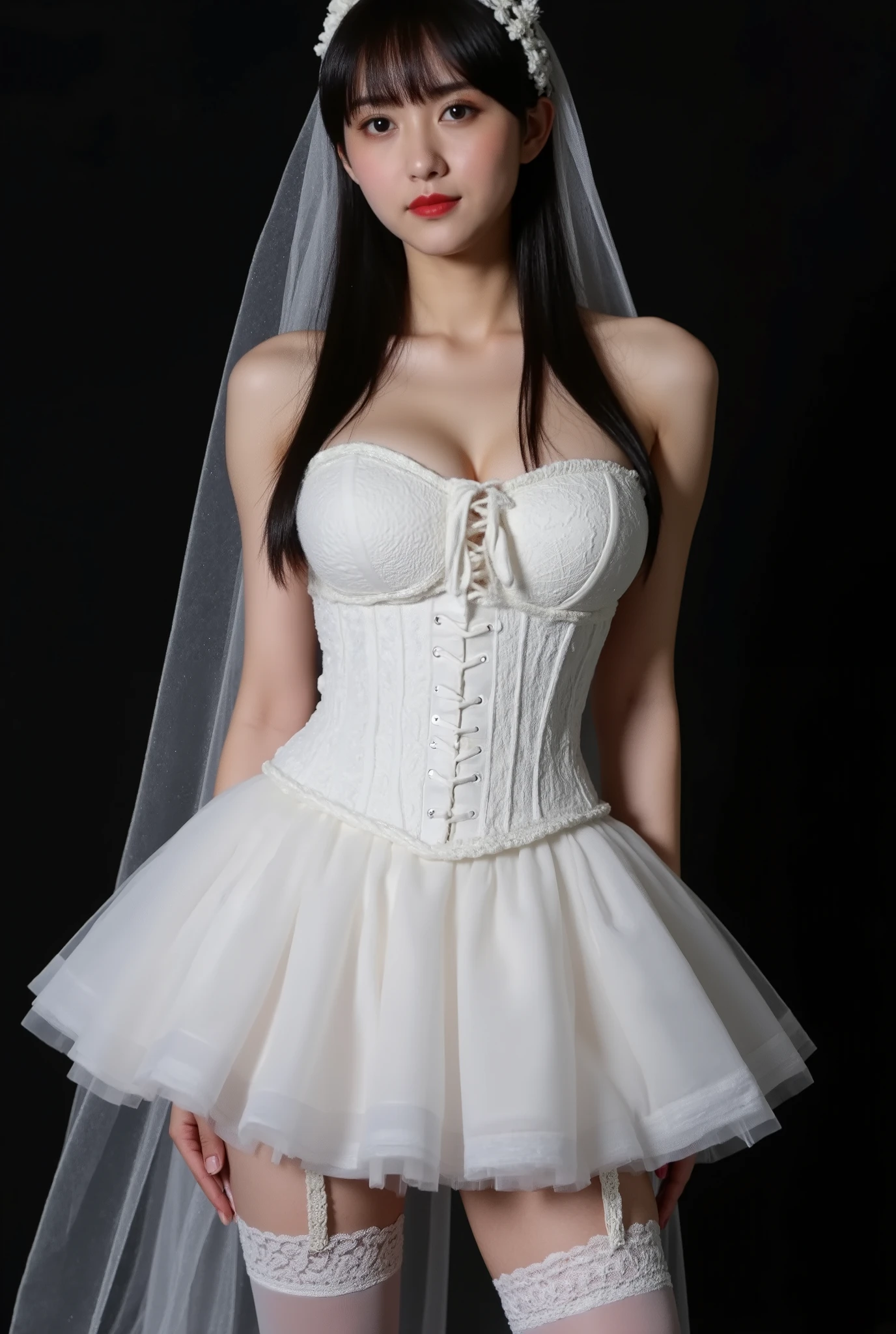 This is a high-resolution photograph of an East Asian woman in a bridal-themed outfit, likely taken in a studio setting with a black background that contrasts sharply with her white attire. She has long, straight black hair with bangs, and her makeup is dramatic with bold red lipstick and subtle eye makeup. Her skin tone is light, and she has a slender, petite physique with small breasts.
She is wearing a white strapless corset that laces up the front, accentuating her small waist. The corset is adorned with lace details and a ruffled, tulle skirt that flows out from her hips, creating a voluminous, ethereal effect. Her outfit is completed with white thigh-high stockings that have lace tops, attached to garter belts that connect to the corset. She also wears a white bridal veil that cascades down her back, adding to the bridal aesthetic.
The lighting is soft but directional, casting subtle shadows that emphasize the textures of her outfit and the delicate lace patterns. The overall mood is both elegant and sensual, with a focus on the intricate details and textures of her bridal attire.