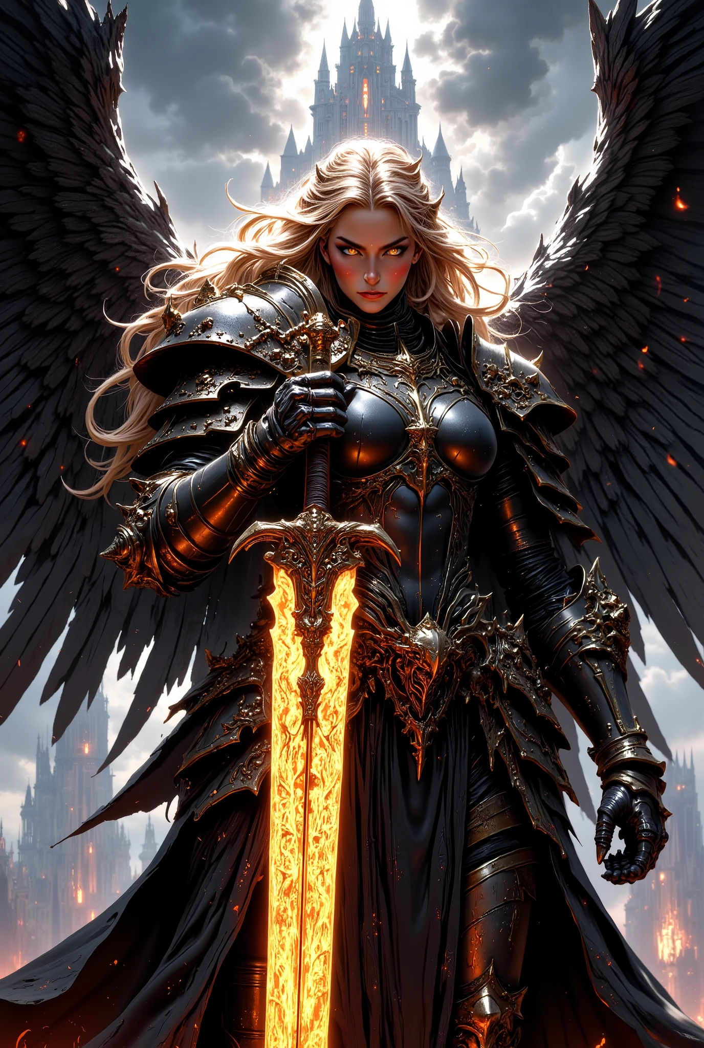 This high-quality digital artwork depicts a fierce, armored female warrior angel with long, flowing golden hair, holding an intricate glowing, runed yellow long sword. She has large, black wings and is clad in intricately designed, dark metal armor that covers her torso and arms. Her expression is determined and powerful. The background features a skyhigh dark tower with a bizarre and horrifying architecture. The camera angle is low, looking up at the female warrior angel, emphasizing her imposing presence. The depth of field is shallow, keeping her in sharp focus while the background is slightly blurred. The overall aesthetic quality is very high, showcasing excellent use of lighting and composition.