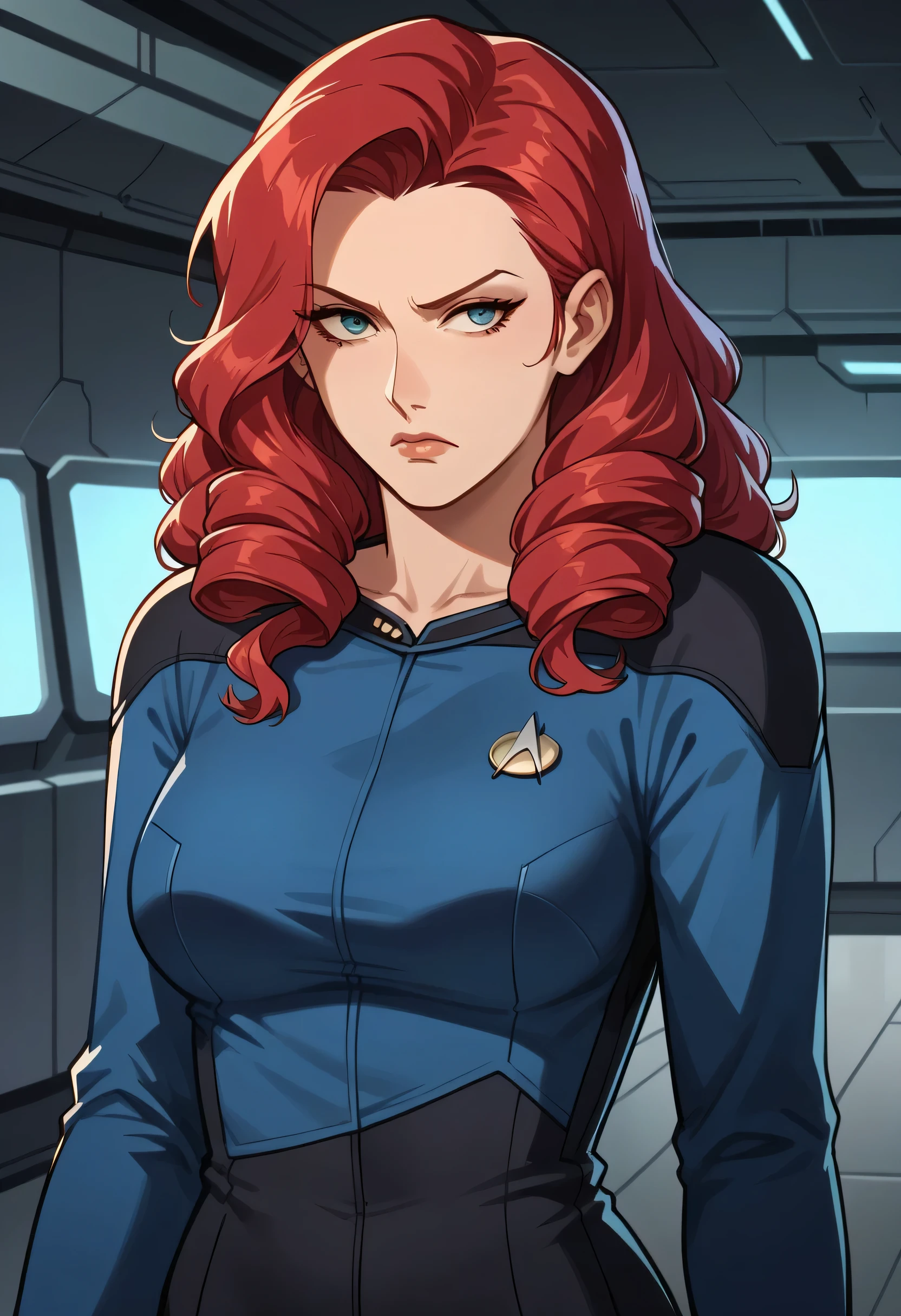 score_9, score_8_up, score_7_up, score_6_up,anime screencap, rating safe, 1girl,red hair,braided curly hair,mature,serious,solo, upper body,corridor,scifi,metal,spaceship,starship,futuristic,machinery,levers,screens,
sttng1,star trek blue uniform,black shoulders,black pants,collarbone
,