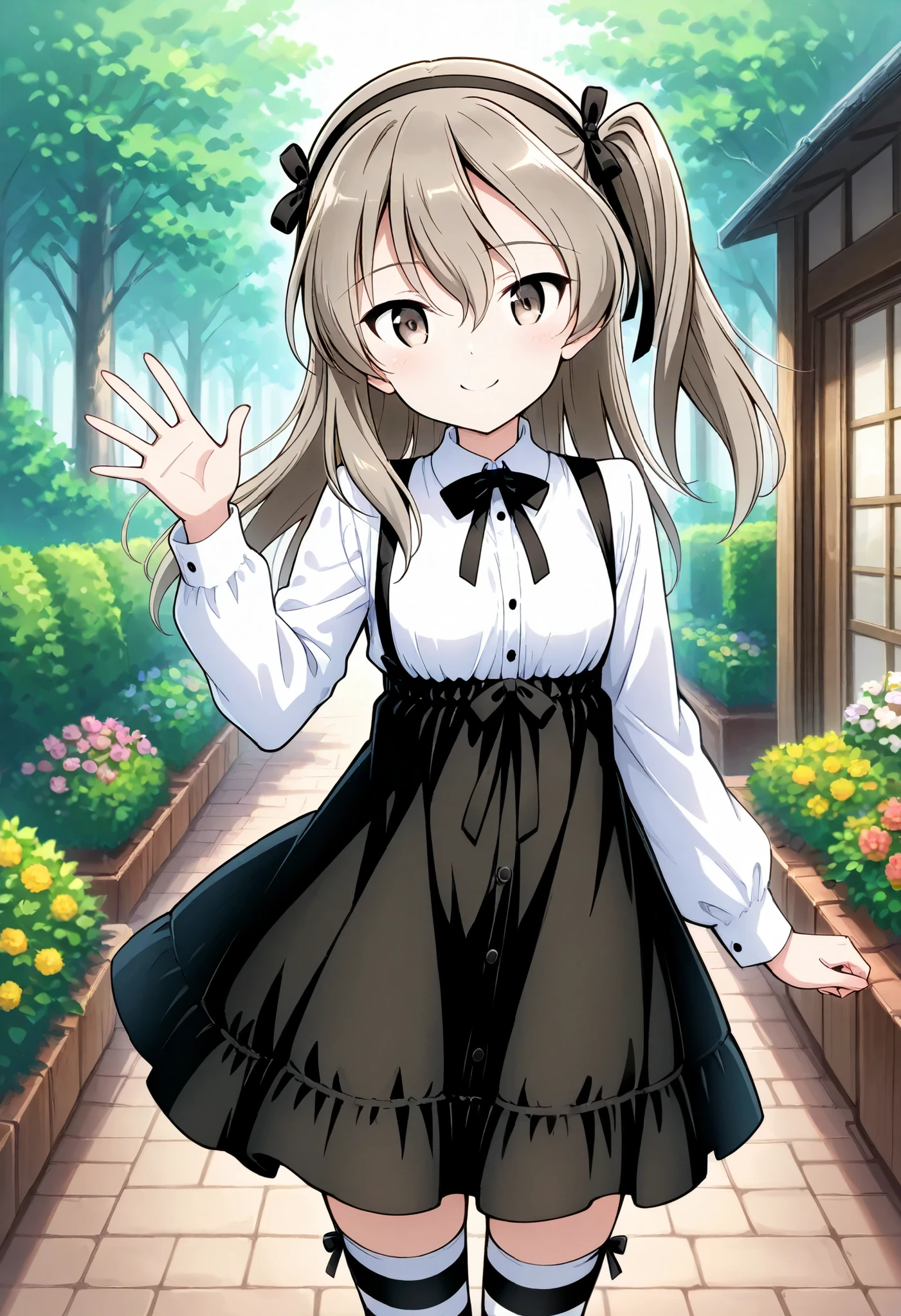 highest quality、High Resolution、 front shot 、standing、Shimada Arisu,smile,(brown eyes), long hair, light brown hair , 1 girl, brown eyes, long hair, light brown hair, one side up, small breasts, hair ribbon, black ribbon, black headband, black bow tie, white shirt, color shirt, Long Sleeve, suspenders, suspendersスカート, High Waist Skirt, black skirt, striped thigh high socks, happy, holding, watching viewers、outdoor、garden、waving