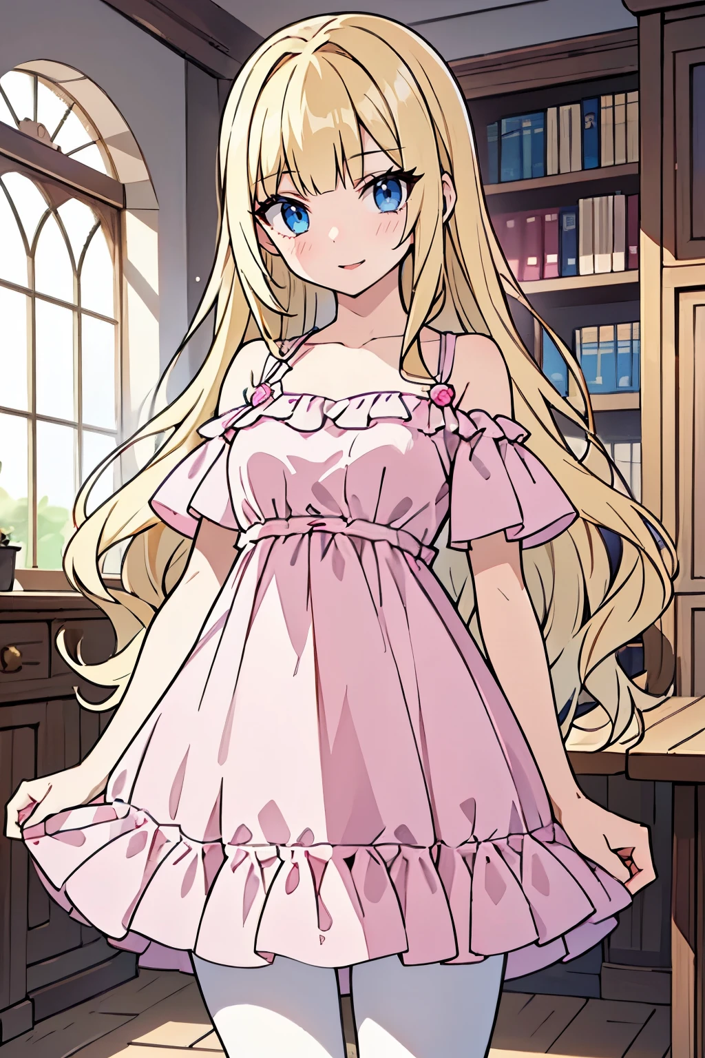 masterpiece,best quality, solo, 1 girl, female figure, yellow hair, hime cut, blunt bangs, extra long hair, crystal blue eyes, sharp detailed eyes, white pantyhose, indoors library, golden blonde hair, cowboy shot, voluminous hair, wavy hair, cute girl, (medium small breasts), (young female body: 1.4), pink doll dress, short rosie baby doll dress, dark pink dress, off shoulder short sleeves, pantyhose, wearing babyl_dress, pink dress, bare shoulders