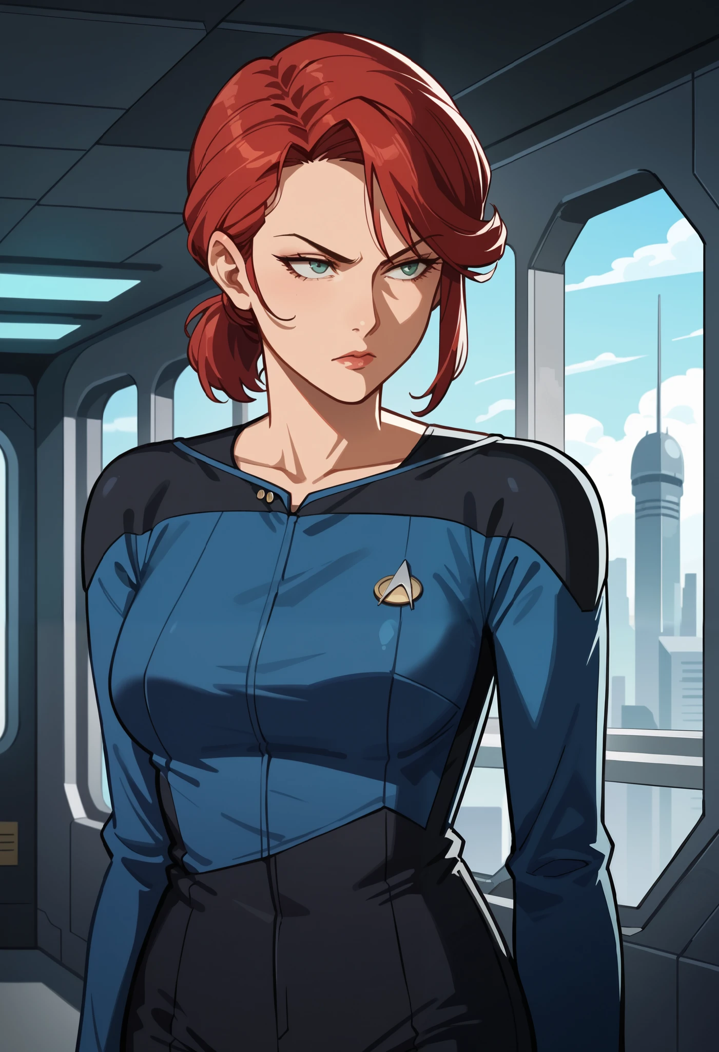 score_9, score_8_up, score_7_up, score_6_up,anime screencap, rating safe, 1girl,short ponytail red hair,braided curly hair,mature,serious,solo, upper body,corridor,scifi,metal,spaceship,starship,futuristic,machinery,levers,screens,
sttng1,star trek blue uniform,black shoulders,black pants,collarbone
,