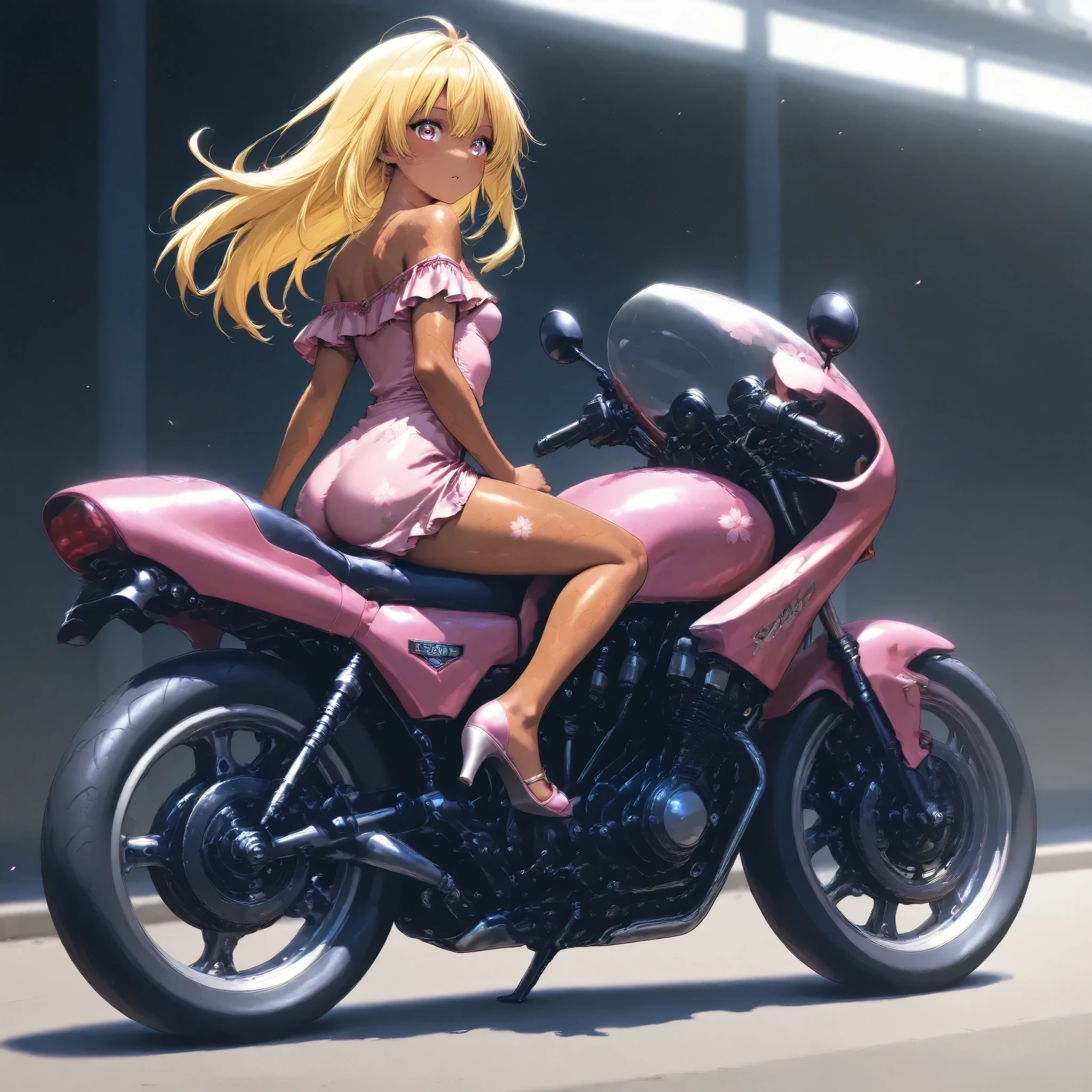 A high school girl is riding a motorcycle ,cherry blossom embroidery off-the-shoulder、 brown skin , small breasts, video, yellow hair , top quality, textured skin, Read more 、 high heels、 MOVIE LIGHT EFFECT,