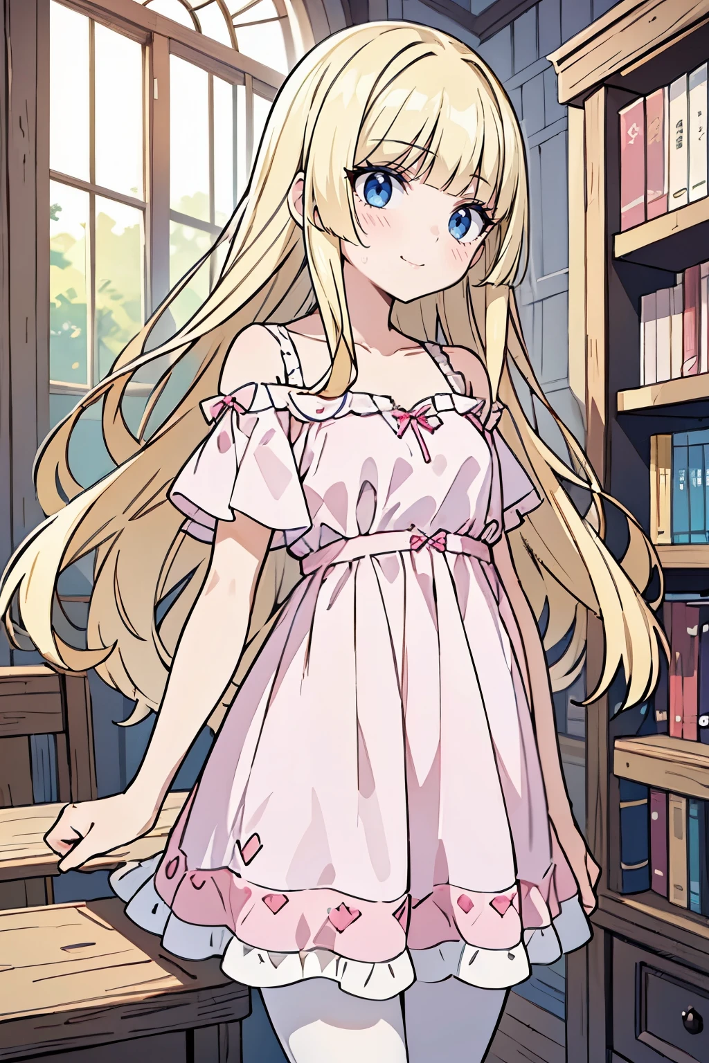 masterpiece,best quality, solo, 1 girl, female figure, yellow hair, hime cut, blunt bangs, extra long hair, crystal blue eyes, sharp detailed eyes, white pantyhose, indoors library, golden blonde hair, cowboy shot, voluminous hair, wavy hair, cute girl, (medium small breasts), (young female body: 1.4), pink doll dress, short rosie baby doll dress, dark pink dress, off shoulder short sleeves, pantyhose, wearing babyl_dress, pink dress, bare shoulders
