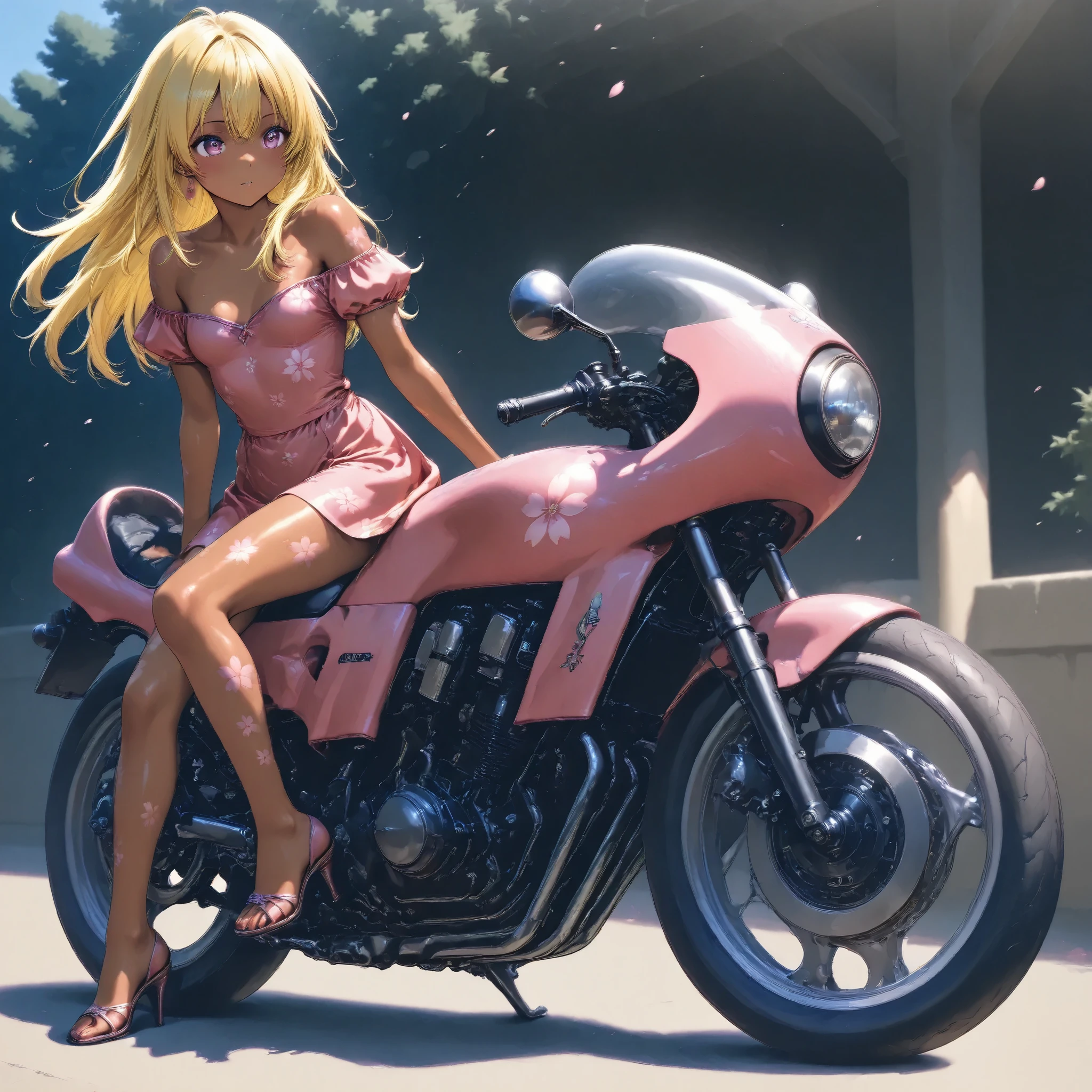 A high school girl is riding a motorcycle ,cherry blossom embroidery off-the-shoulder、 brown skin , small breasts, video, yellow hair , top quality, textured skin, Read more 、 high heels、 MOVIE LIGHT EFFECT,