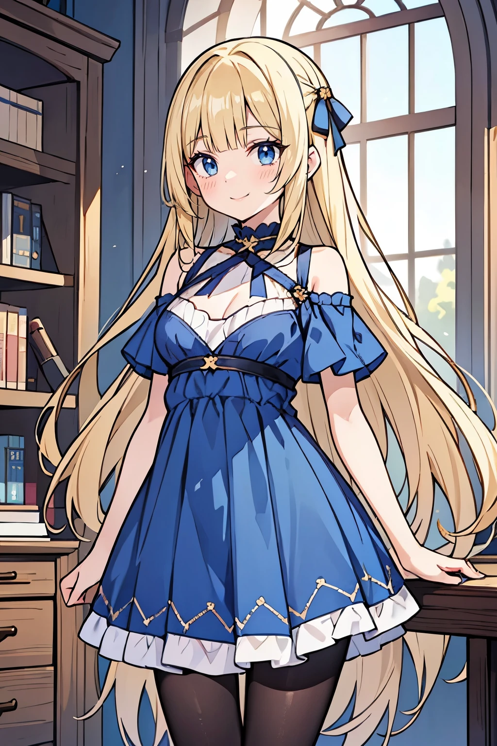 masterpiece,best quality, solo, 1 girl, female figure, yellow hair, hime cut, blunt bangs, extra long hair, crystal blue eyes, sharp detailed eyes, white pantyhose, indoors library, golden blonde hair, cowboy shot, voluminous hair, wavy hair, cute girl, (medium small breasts), (young female body: 1.4), blue baby doll dress, short blue baby doll dress, dark blue dress, off shoulder short sleeves, pantyhose, wearing baby_doll_dress, blue dress, bare shoulders