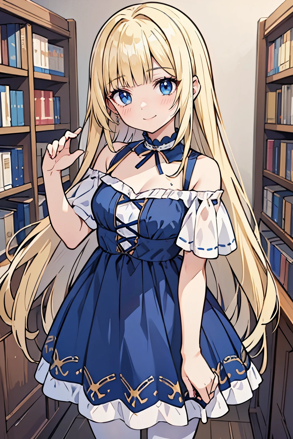 masterpiece,best quality, solo, 1 girl, female figure, yellow hair, hime cut, blunt bangs, extra long hair, crystal blue eyes, sharp detailed eyes, white pantyhose, indoors library, golden blonde hair, cowboy shot, voluminous hair, wavy hair, cute girl, (medium small breasts), (young female body: 1.4), dark blue doll dress, short blue babyl dress, dark blue dress, off shoulder short sleeves, pantyhose, wearing baby_doless, blue dress, bare shoulders
