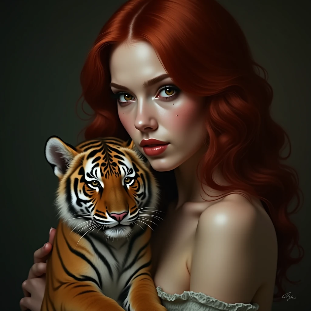Challenge AI artists to craft a captivating dark oil painting that unites the elegance of a lady with flowing red hair and an endearing baby tiger within a cherry blossom avenue. The aim is to merge the artistic styles of Carne Griffiths and Stephen Hickman, resulting in a visually striking and detailed masterpiece that embodies both artists' characteristics.<lora:xl_more_art-full_v1:0.5>