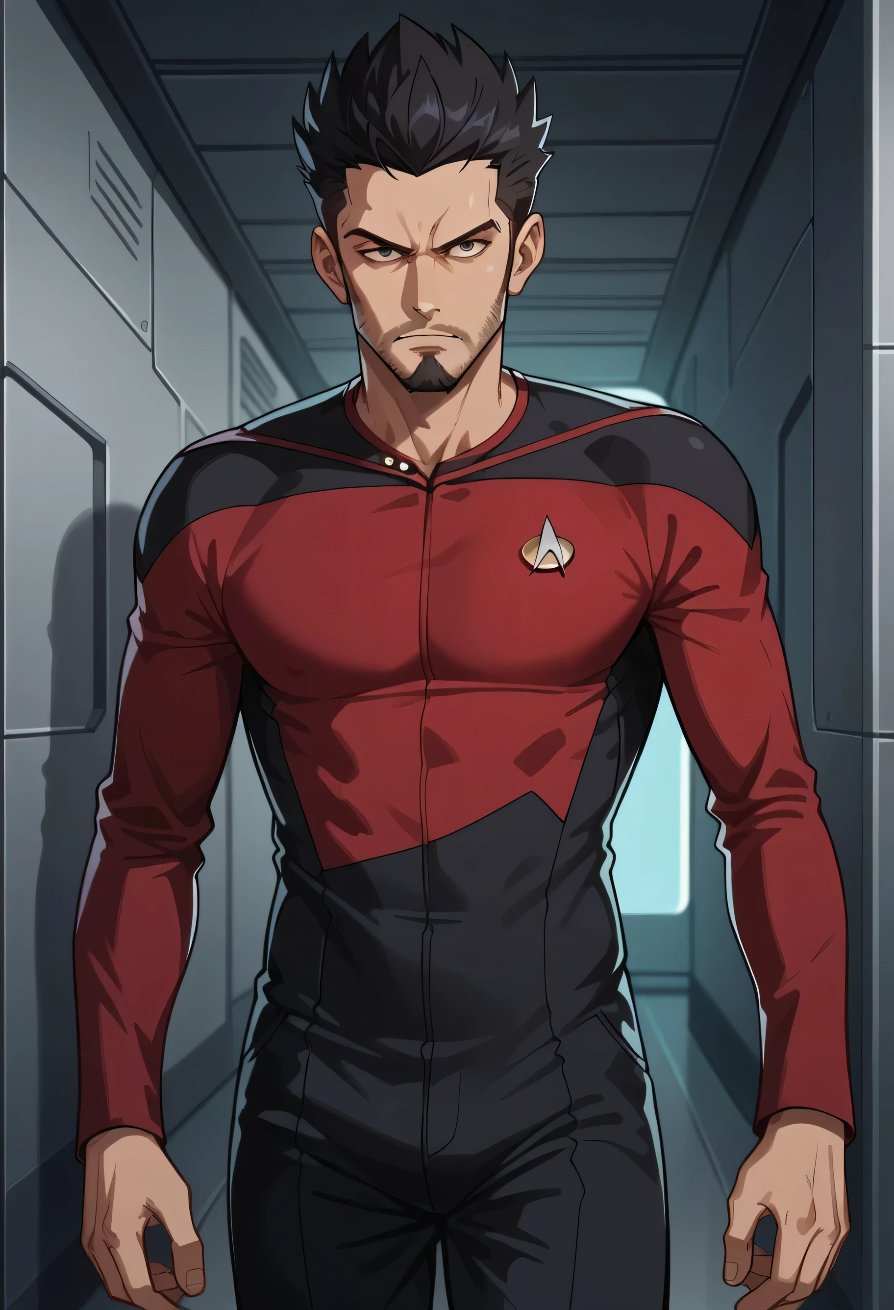 score_9, score_8_up, score_7_up, score_6_up,anime screencap, rating safe, 1male,black hair,spiked hair,fit, muscular,serious,solo, upper body,corridor,scifi,metal,spaceship,starship,futuristic,machinery,levers,screens,
sttng1,star trek red uniform,black shoulders,black pants,collarbone. male, bearded, startrek red uniform
,