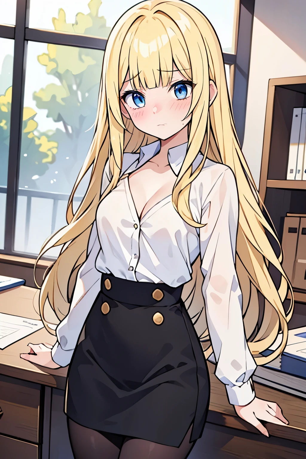 cowboy shot, Young adult girl, 1 girl, yellow hair, hime cut, extra long hair, light blue eyes, golden blonde hair, voluminous hair, disheveled wavy hair, (medium small breasts), (young female body: 1.4) , office, leaning against desk, black pantyhose, black office skirt, white shirt, tight pencil skirt, unbuttoned shirt, cleavage, dynamic posing, 