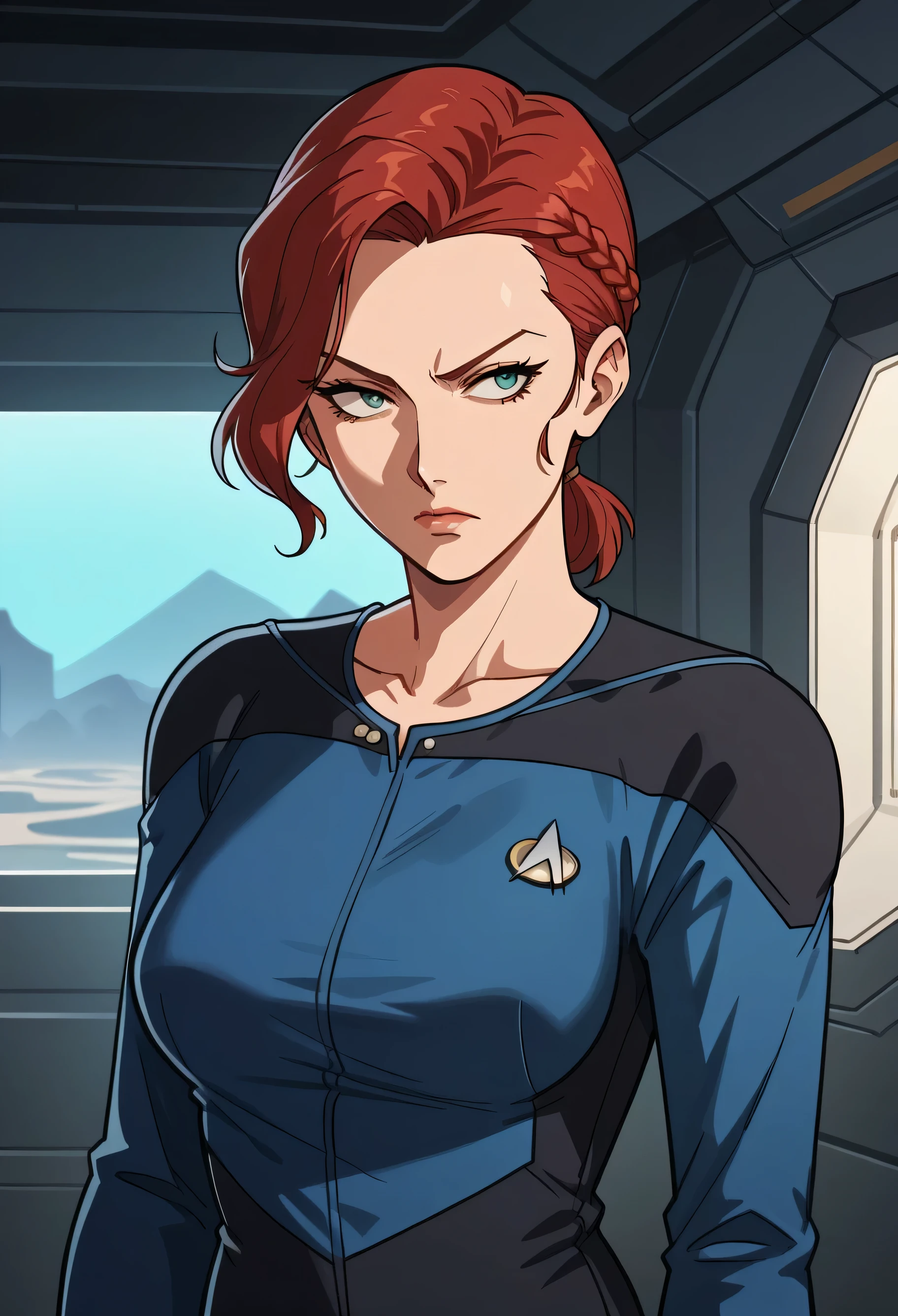 score_9, score_8_up, score_7_up, score_6_up,anime screencap, rating safe, 1girl,short ponytail red hair,braided curly hair,mature,serious,solo, upper body,corridor,scifi,metal,spaceship,starship,futuristic,machinery,levers,screens,
sttng1,star trek blue uniform,black shoulders,black pants,collarbone, female with spiked hair half shaved
,