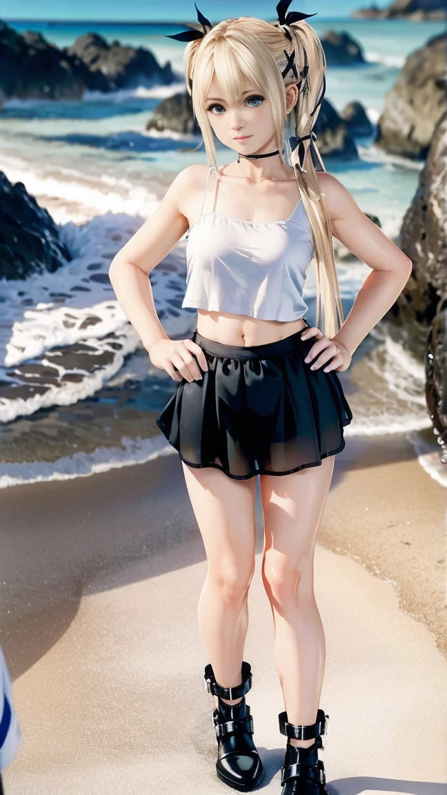 ((masterpiece)), ((best quality)), ((highres)), ((extremely detailed CG unity 8k wallpaper)), solo, tachibana kanade, tan , black skirt, white socks, outdoors, face, beach, hanging hair, parted hair, silver hair