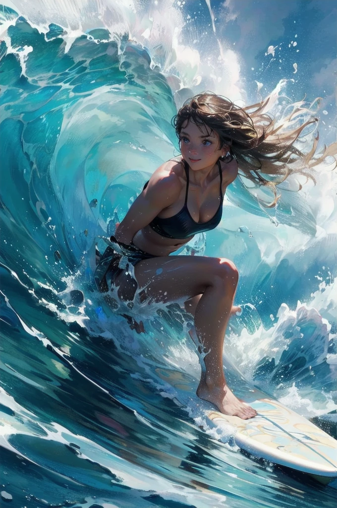 Female surfer riding a wave in the ocean early in the morning、Short Hair、Sexy and colorful swimwear、surfing、 (Riding a surfboard:1.2)、 big wave surfing、Tube Wave、The breaking waves、Wave Splash、surfingの写真、Extreme Sports Photography、(Highest quality, masterpiece, High resolution)、8k、wallpaper