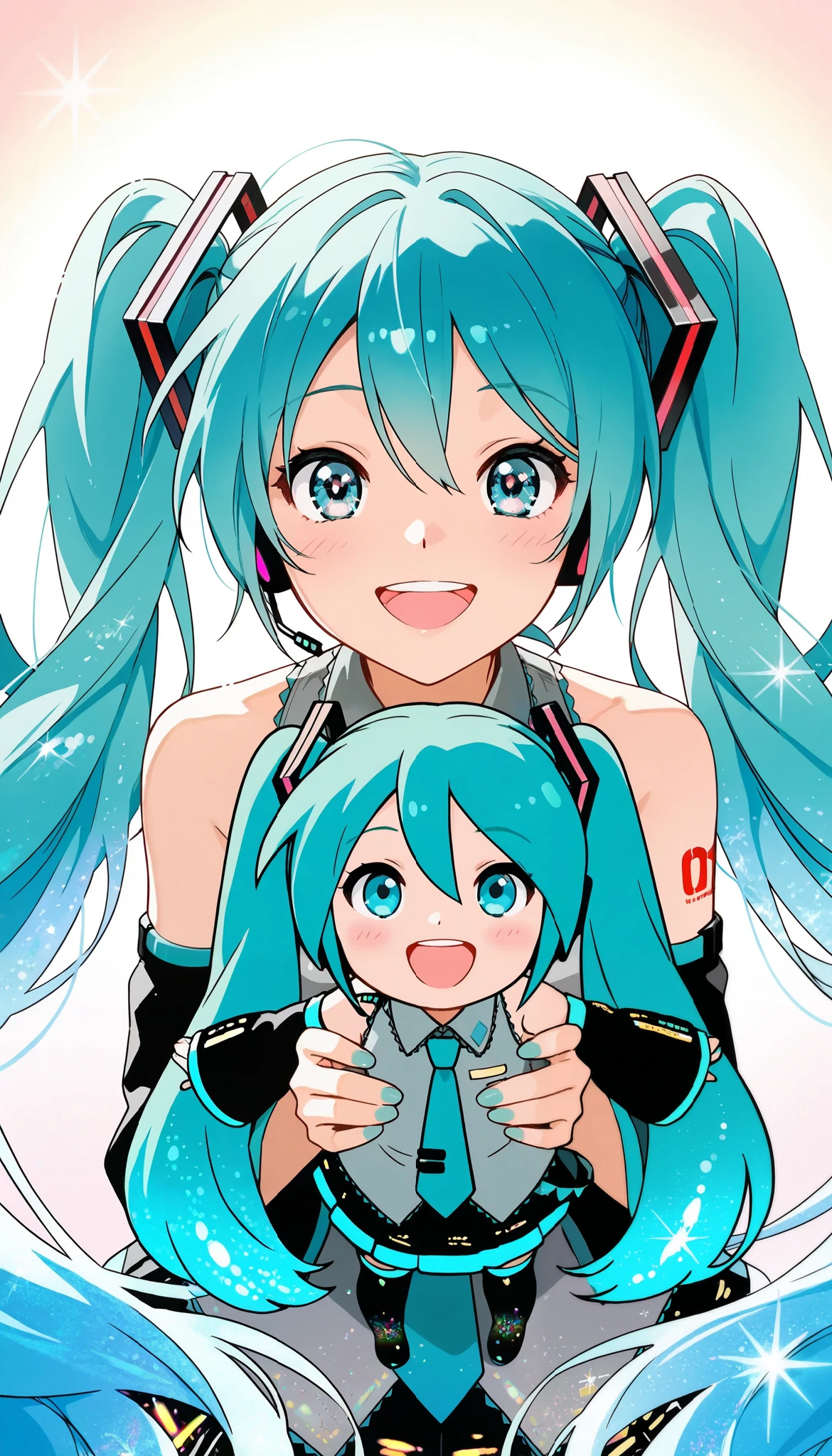 Hatsune Miku,High Resolution, looks at one woman, blushes, smiles, open your mouth, blue eyes, twin tails, is, Blue Hair/light blue hair tied at the top, highest quality, glitter effect, Japanese illustration style,