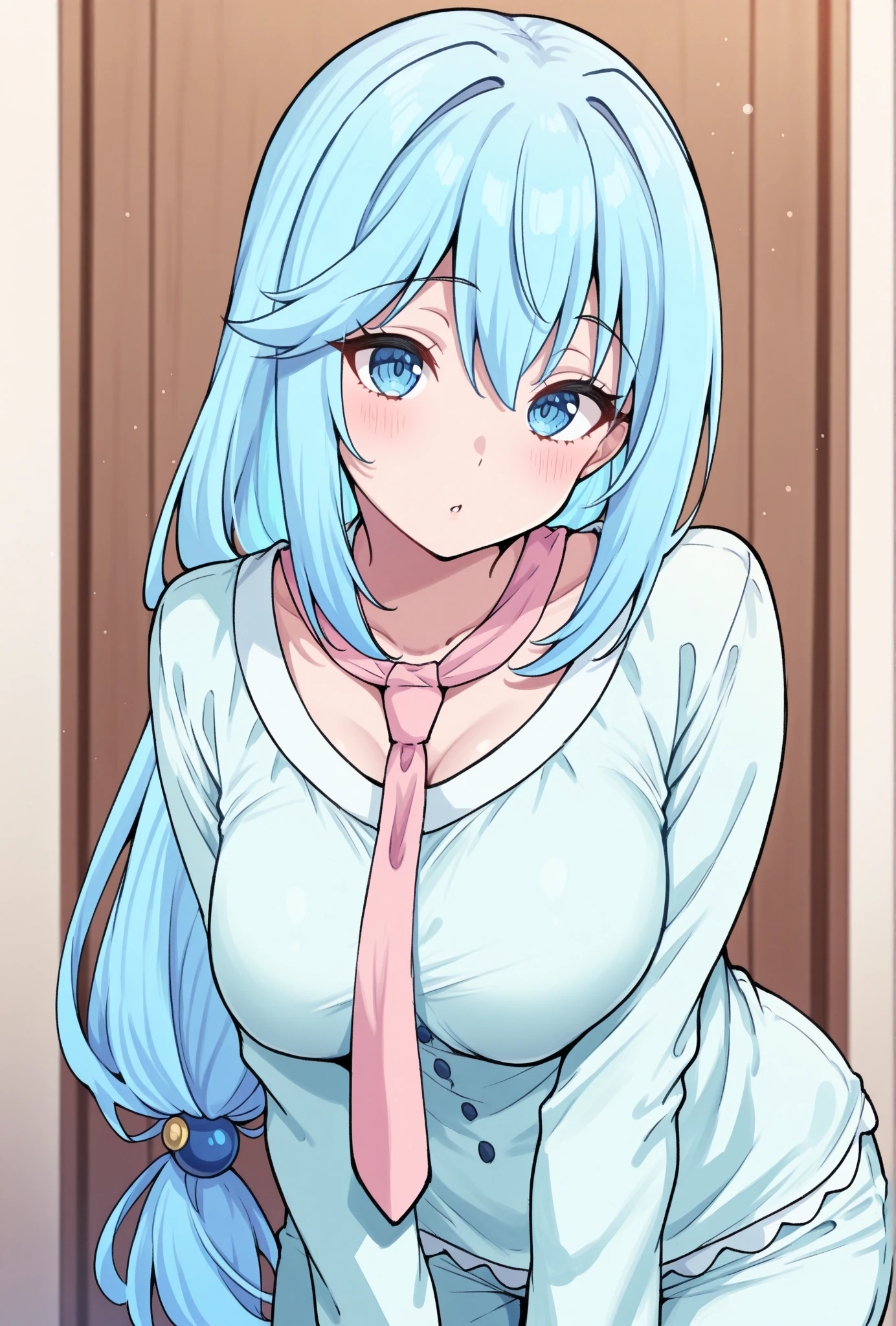 detailed background, ((1girl, solo, izumi sagiri, (eromanga sensei)), izumi_sagiri_eromangasensei, very cute and beautiful girl,(highly detailed beautiful face),(smile),blush, cowboy shot, (best quality,masterpiece:1.0), absurdres, highres, ultra-detailed, extremely detailed,32k,8k resolution, intricate details, cinematic scene, detailed background, dynamic angle,(very flat chest1.6), belly button, BREAK grey hair, long hair, bow, hair_bow, pink_bow, blue_eyes, bangs, pajamas, indoors,(show off nipples:1.6), (exposing bare breasts:1.3), (exposed chest:1.3), (no bra:1.3), (open shirt:1.6), (exact number of nipples:1.6), (pajamas lift:1.2), strong light, (smile:1.6),nsfw, bathroom, (no pantie:1.6), (round face, baby face, kawaii, cute:1.6), (beautiful ultra-detailed eye:1.1), bright eyes, (light particles:1.1) drawing, (masterpiece), (top quality), (realistic:1.3), looking through legs,leaning forward,((clear beautiful delicate eyes)), big eyes,