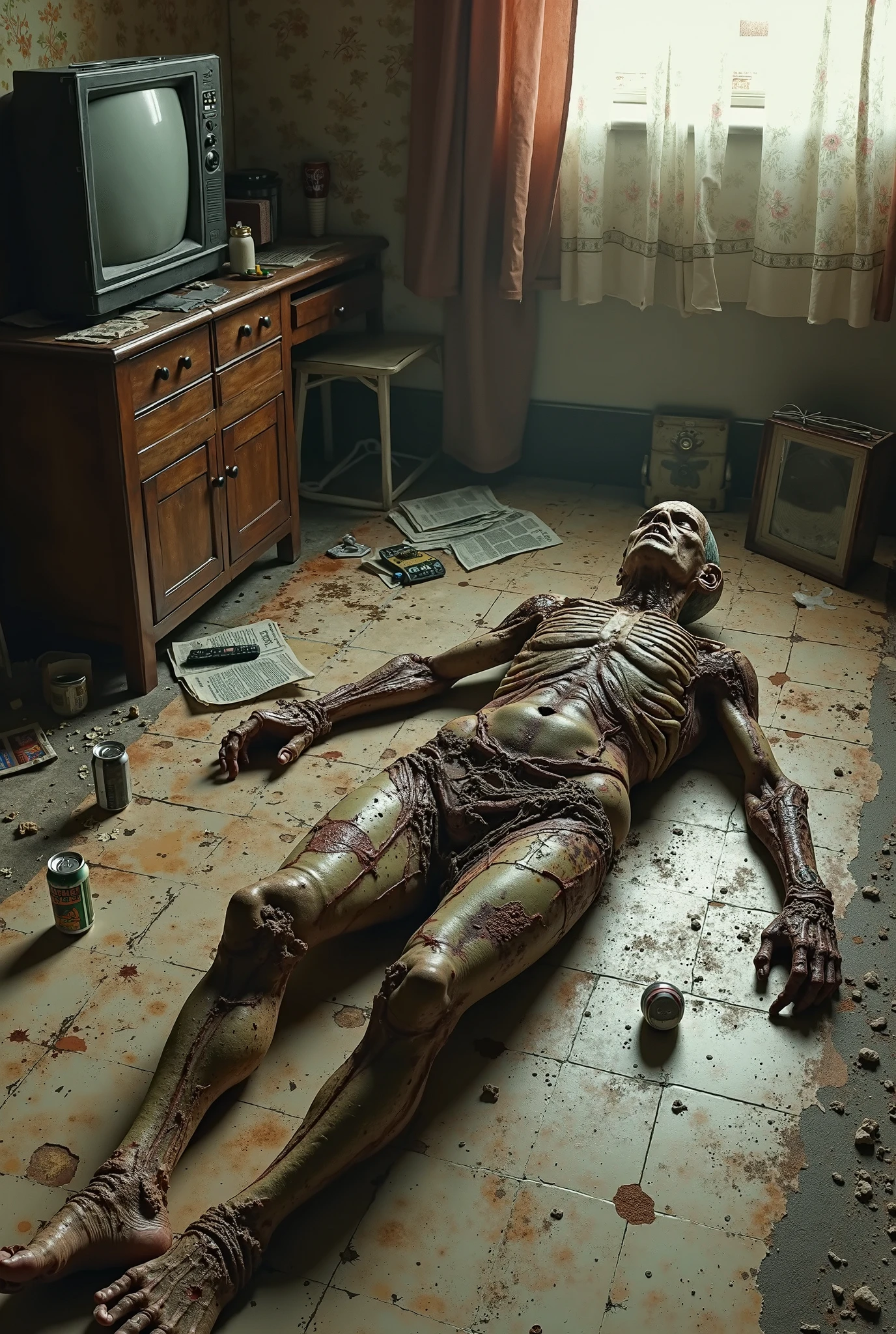 remains of a person on a linoleum floor, dark environment