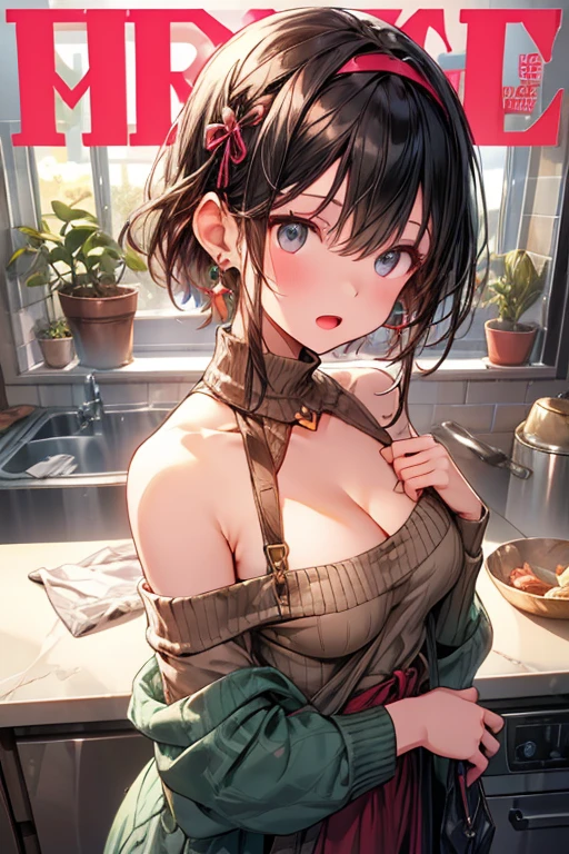 (small breasts:1.2), (perky chest:1.1), (pointed chest:1.0), (hand gun magazine cover:1.3)，(from below:1.2),(from side:0.9),masterpiece, 1girl, Amazing Cleavage:1.1, thin waist, big ass, Raised sexy, small breast: 1.2, posed cleavage:1.2、solo, open mouth, have a cute grass of cute beergrass,black hair, dark green eyes, dress, bare shoulders, jewelry, collarbone, sidelocks, hairband, earrings, indoors, off shoulder, sweater, arms behind back, plant, short hair with long locks, gild hairband, sweater dress:1.2, off-shoulder sweater, red sweater, dark gord hair, big side hair, very long side hair,is rendered in (masterpiece: 1.2, best quality), with (ultra high resolution) and an exquisite (depth of field). This masterpiece is not only visually stunning but also tells,A scene of cooking in the kitchen by classroom ,looking at viewer, 