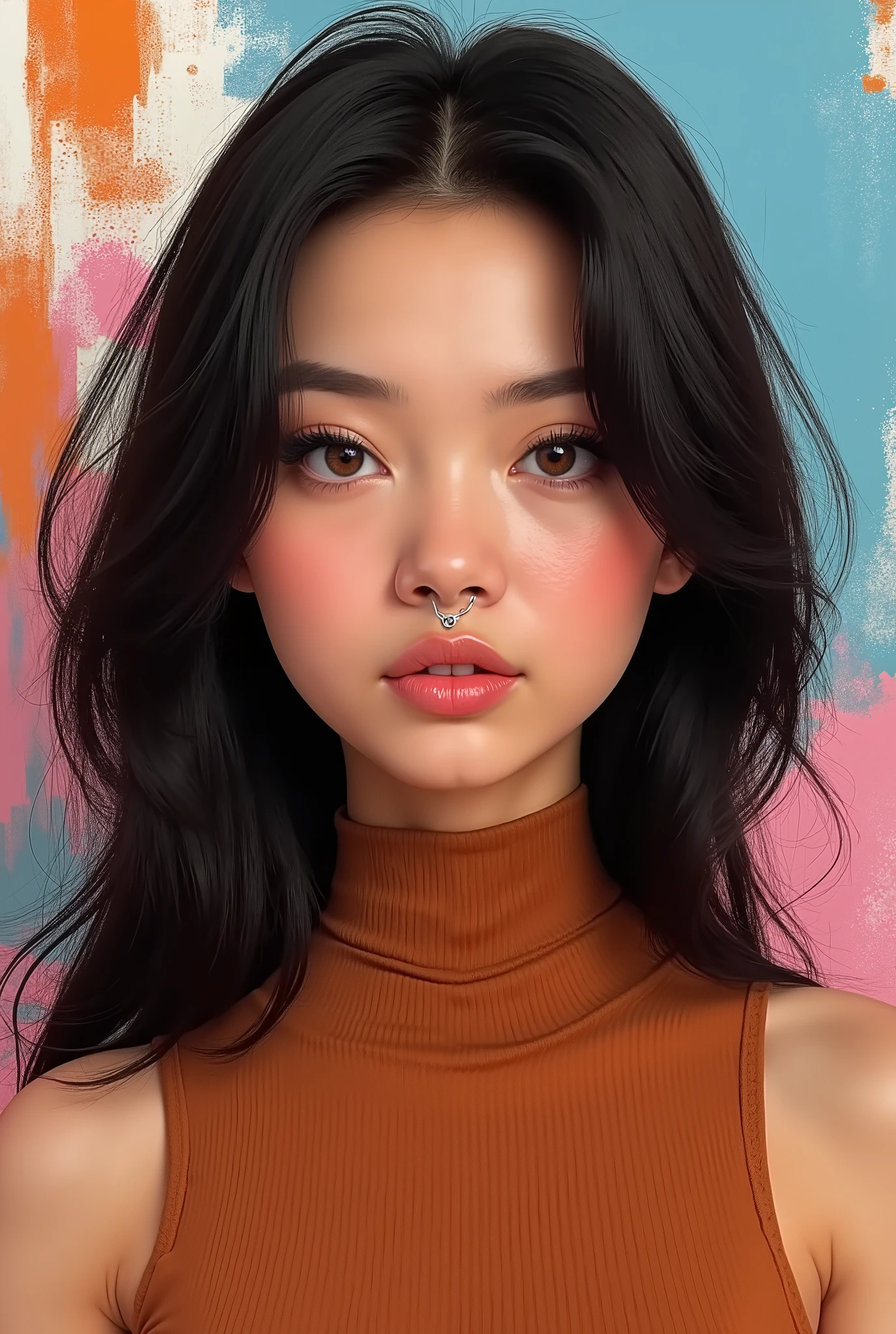 "Create a highly realistic female avatar with a modern and slightly alternative style. The character must have clear and soft skin, with a natural glow and detailed texture. Your face has a rounded shape, with slightly highlighted cheeks and a soft facial structure. The expression is neutral, conveying confidence and a touch of mystery.
The eyes are expressive, slightly almond and a deep brown tone, with a subtle reflection of light to give realism. The eyebrows are thick , with a natural arc, standing out on the honey-colored face . The nose is small and delicate , with a discreet side piercing and a silver septum piercing, adding an alternative touch to the look.
The lips are full and well designed , with a soft reddish tone and a slight sheen, suggesting a well-defined moisturizing lipstick. The texture of the lips must be detailed, showing small natural lines for greater realism.
The hair is straight , black and well aligned, x} falling gently at shoulder height . The threads must have a natural shine and subtle movement, suggesting lightness and realism. The lighting should highlight the shine and texture of the hair without looking artificial.
She wears a ribbed blouse sleeveless in earthy brown color, that fits the body comfortably. The texture of the fabric must be detailed, showing the small lines of the ribbed line and how it adapts to body movement.
The background must be colorful and artistic, with abstract brushstrokes in vibrant tones such as blue, Orange and Pink, creating an interesting contrast with the neutrality of the character. The lighting must be soft and balanced , highlighting the details of the face without hard shadows.
The image must have a high level of realism, with minute details on the skin , hair and clothes , guaranteeing an authentic result close to reality."